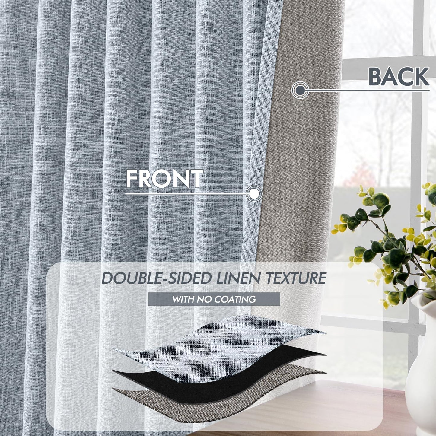 MIULEE Light Blue 100% Blackout Linen Curtains 102 Inch 2 Panels Set Double Sided No Coating Pinch Pleated Back Tab Floor to Ceiling Black Out Thermal Insulated Bedroom Living Room Darkening Drapes