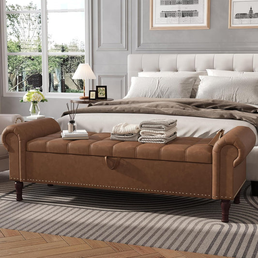 Apicizon 60”Ottoman with Storage, Queen Size End of Bed Storage Bench with Tufted Button, Upholstered Sitting Bench for Front Door Entrance,Bedroom,Dining Room, Entryway,Vintage Brown