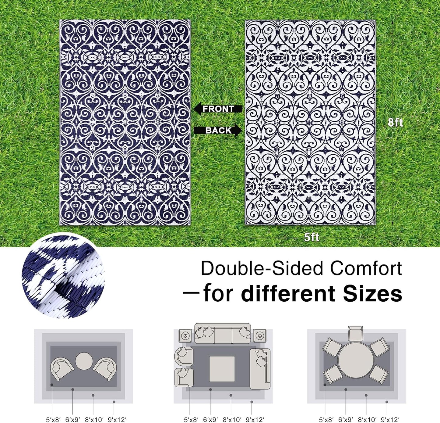 OLANLY Outdoor Rug Waterproof 5x8 ft Clearance, Reversible Outdoor Plastic Straw Rug with Floral Pattern, RV Mat for Patio, Camping, Balcony, Deck, Backyard, Navy & White