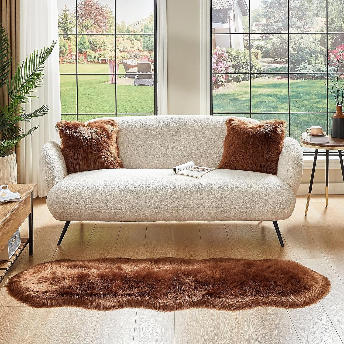 AMTOVO Faux Sheepskin Rug, Coffee Ultra Soft Fluffy Shag Area Rug, 2 x 6 ft Faux Fur Rug for Bedroom Sofa Throw Cushion Room Decor, Sheepskin