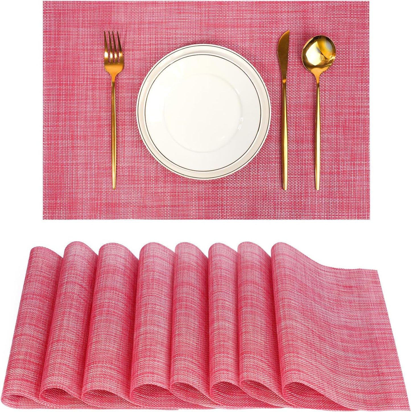 Placemats Set of 8,Non-Slip PVC Weave Table Mats Easy to Clean,Heat Resistant Place Mats for Kitchen Dining Table Decoration Indoor Outdoor,Red