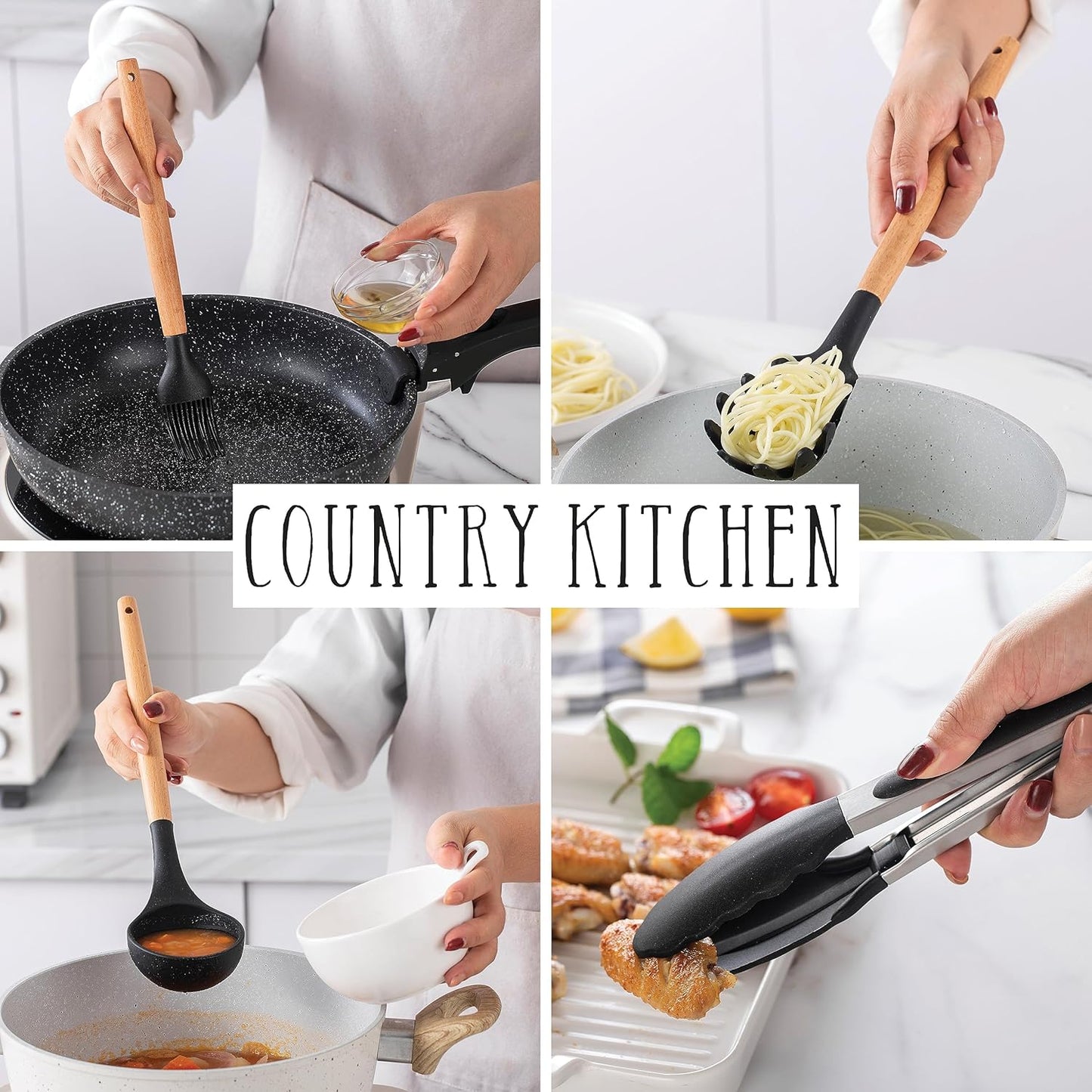 Country Kitchen Non Stick Silicone Utensil Set with Rounded Wood Handles for Cooking and Baking, 38 Piece Set, Black