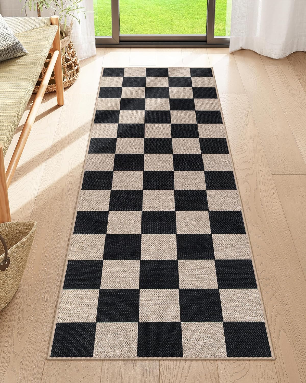 Lahome Checkered Easy Jute Runner Rug, 2x6 Kitchen Runner Rug Non Slip Washable Outdoor Carpet for Entryway Indoor, Checkerboard Black Indoor Outdoor Carpet Runners for Hallway 6ft Entry