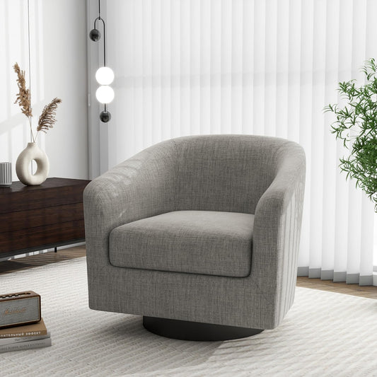 Swivel Barrel Accent Chair, Modern Round Linen Arm Chair for Living Room, Bedroom, Comfy Club Reading Chairs for Adults(Linen Fabric, Khaki, Set of 1