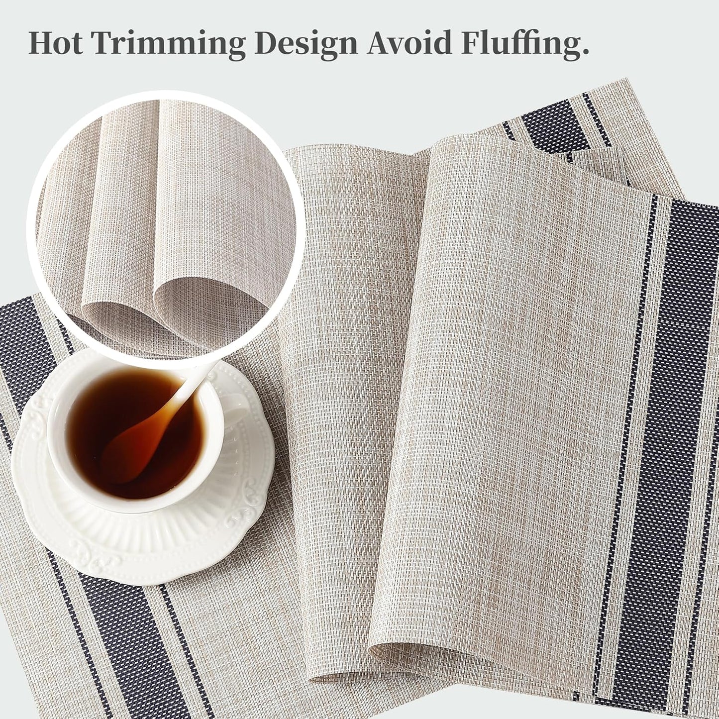 Leetaltree Khaki-Blue Placemats, Heat Resistant Non-Slip Place mats for Dining Table, Washable Durable PVC Vinyl Woven Table Mats (Set of 12)