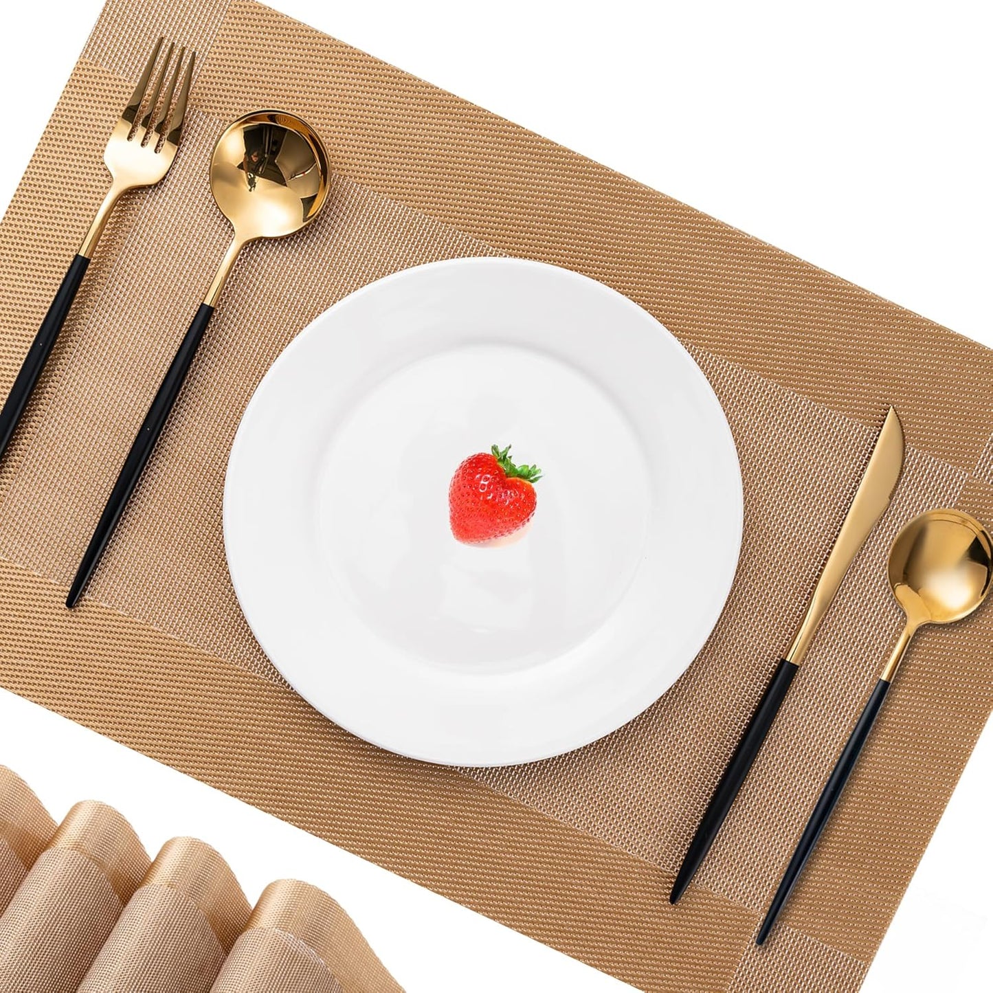 CADONO Placemats Set of 4 Washable Indoor/Outdoor Vinyl Place Mats for Dining Table Durable Non-Slip Heat Resistant PVC Weave Table Mats(Gold Cube)