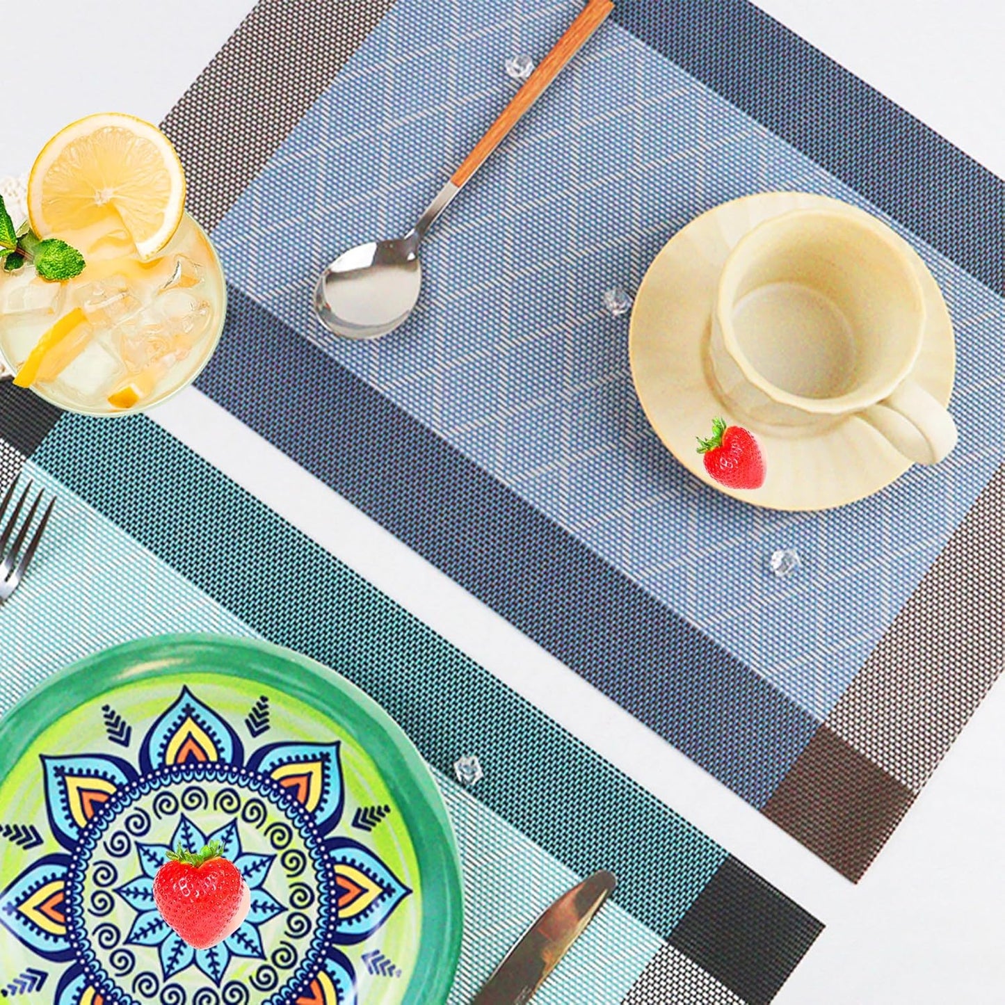 CADONO Placemats Set of 4 Washable Indoor/Outdoor Vinyl Place Mats for Dining Table Durable Non-Slip Heat Resistant PVC Weave Table Mats(Rhombus-Blue)