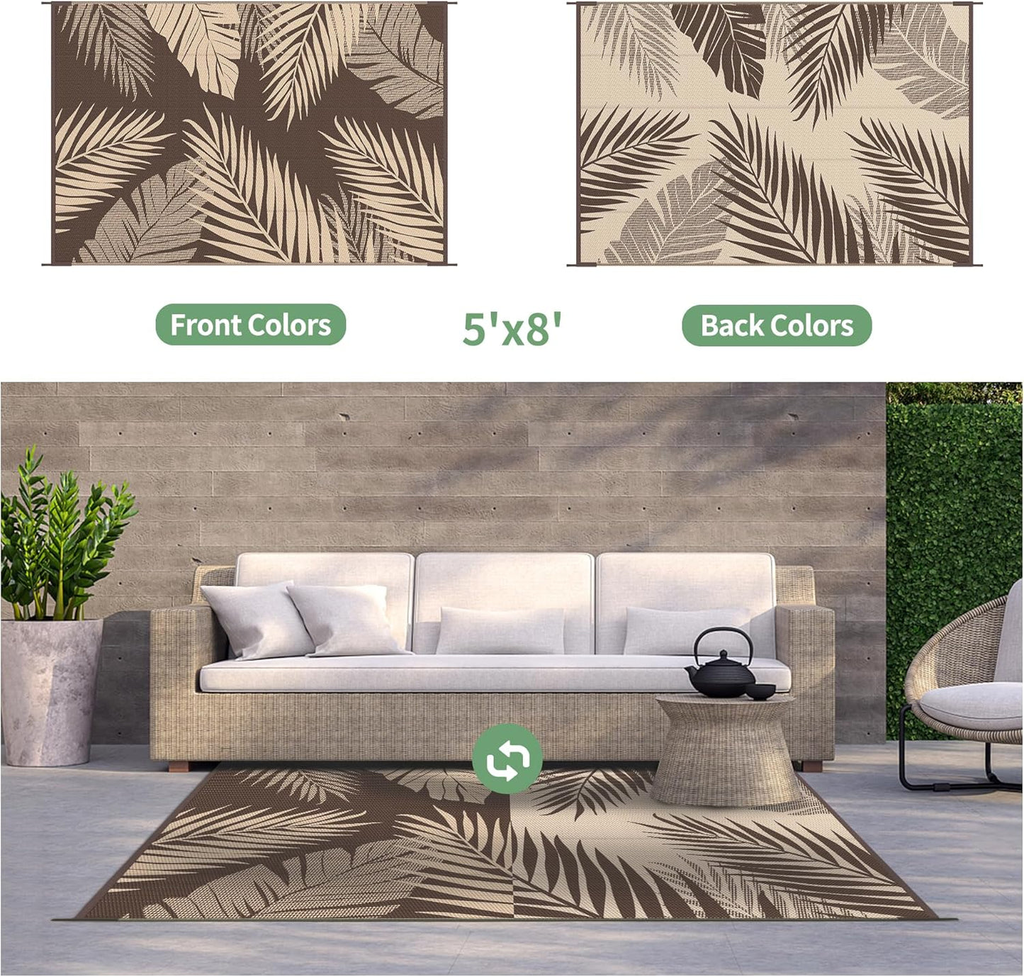 GENIMO Outdoor Rug 5' x 8' Waterproof for Patios Clearance, Reversible Outdoor Plastic Straw Camping Rug Carpet, Large Area Rugs Mats for RV, Camper, Deck, Balcony, Porch, Beach, Picnic, Coffee&Beige