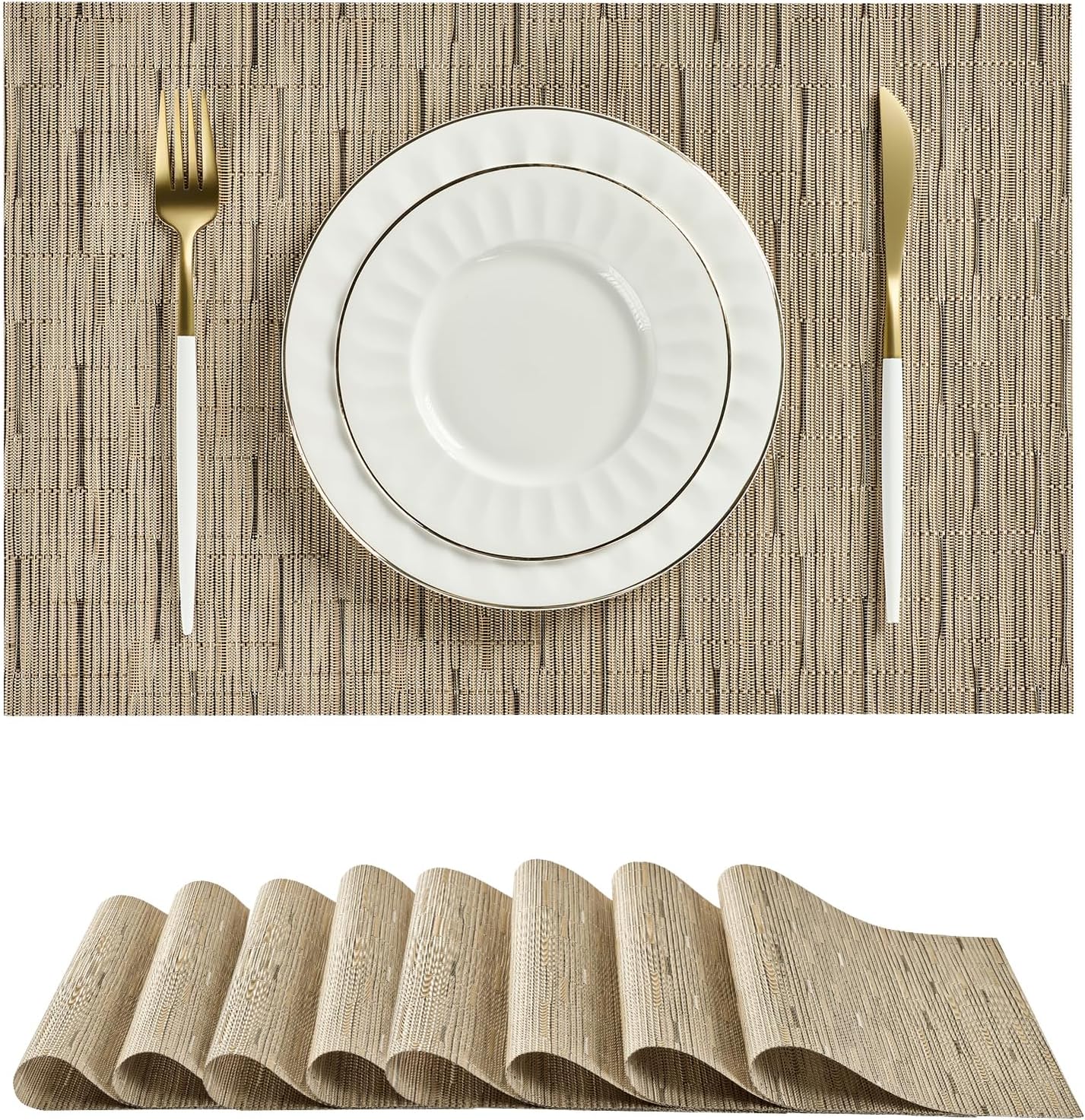 Leetaltree Light Brown Placemats Set of 8 - Heat Resistant Non-Slip Place mats for Dining Table, Washable Durable PVC Vinyl Woven Table Mats(Light Brown, 8)