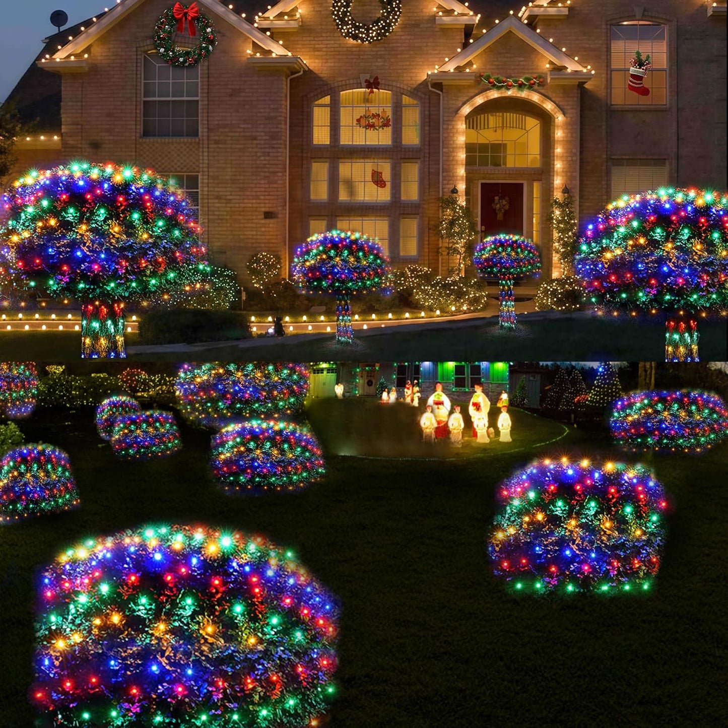 WBao Solar Christmas Lights Outdoor 200LED 8.4ft x 5.2ft Christmas Net Lights with Remote, 8 Lighting Modes, Timer, Waterproof for Lawn, Bushes, Shrubs, Trees Outdoor Christmas Decorations, Multicolor