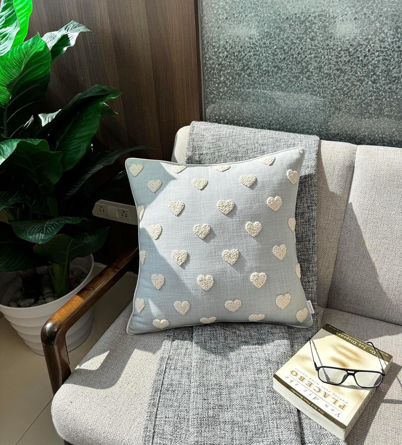 VAGMINE Hand Embroidered French Knotted Hearts Pillow Cover - 18x18 Inches Square - 100% Cotton Robins Egg Decorative Cushion Cover - Romantic Gift for Couples - Valentine’s Bedroom Decor