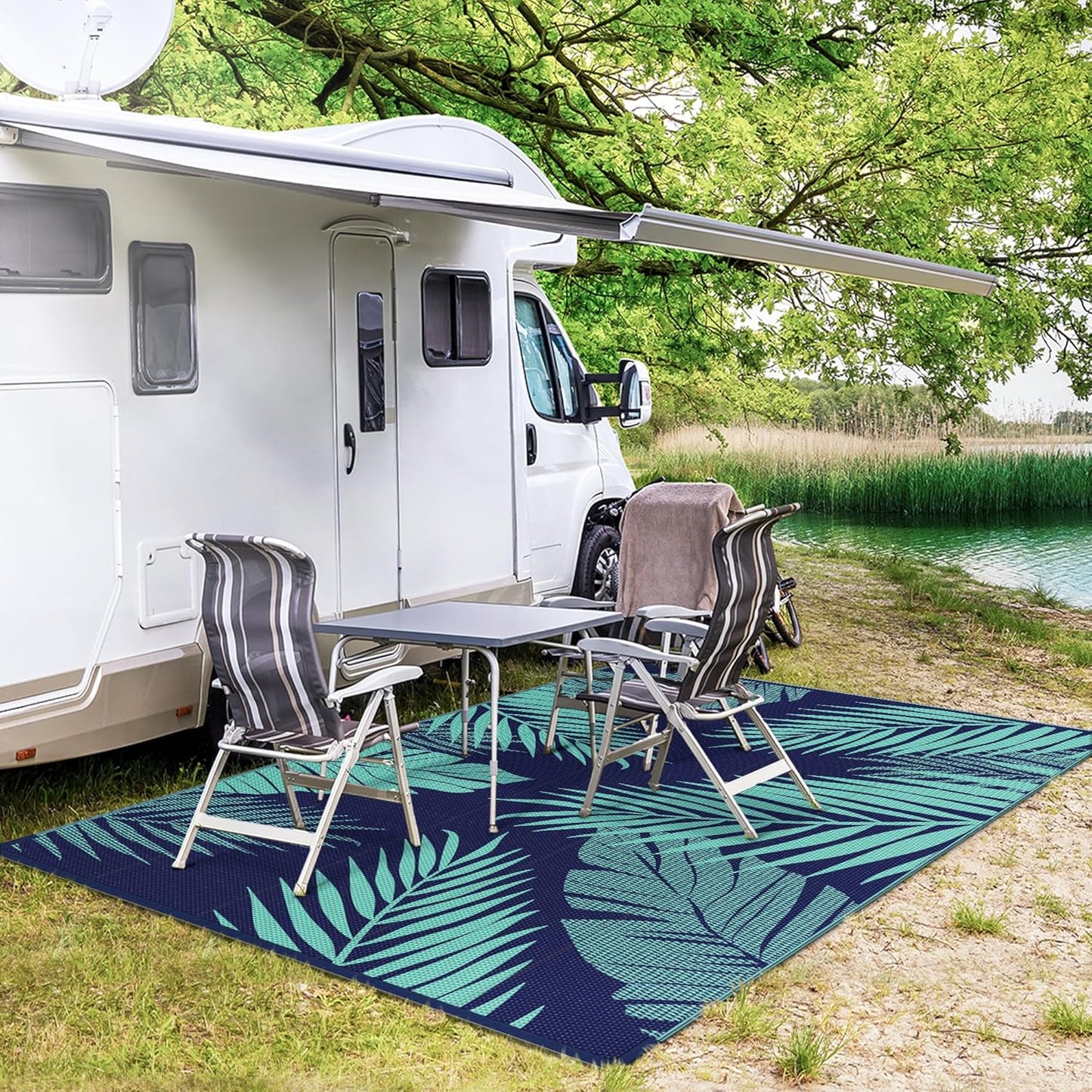 GENIMO Outdoor Rug 5' x 8' Waterproof for Patios Clearance, Reversible Outdoor Plastic Straw Camping Rug Carpet, Large Area Rugs Mats for RV, Camper, Deck, Balcony, Porch, Beach, Navy Blue&Jade Green