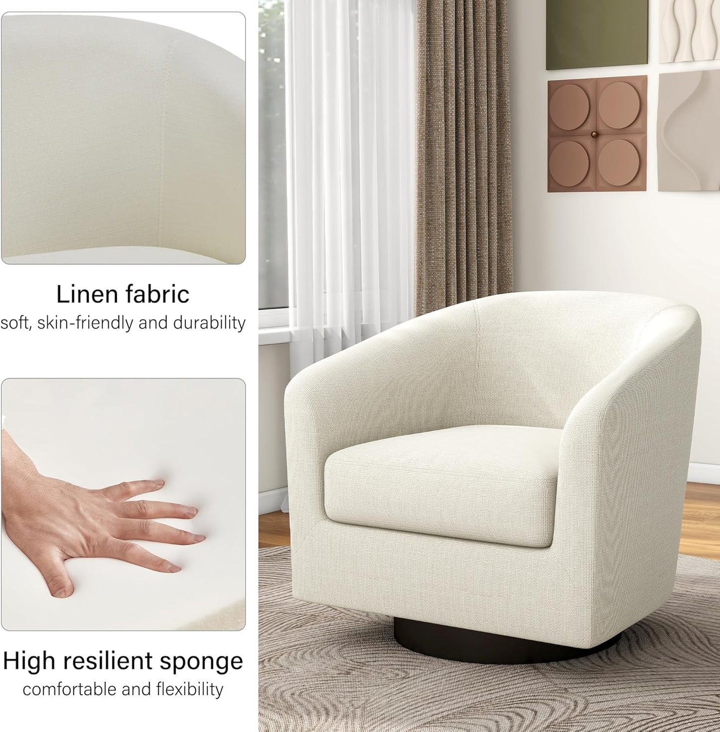 Swivel Barrel Accent Chair, Modern Round Linen Arm Chair for Living Room, Bedroom, Comfy Club Reading Chairs for Adults(Linen Fabric, Beige, Set of 4
