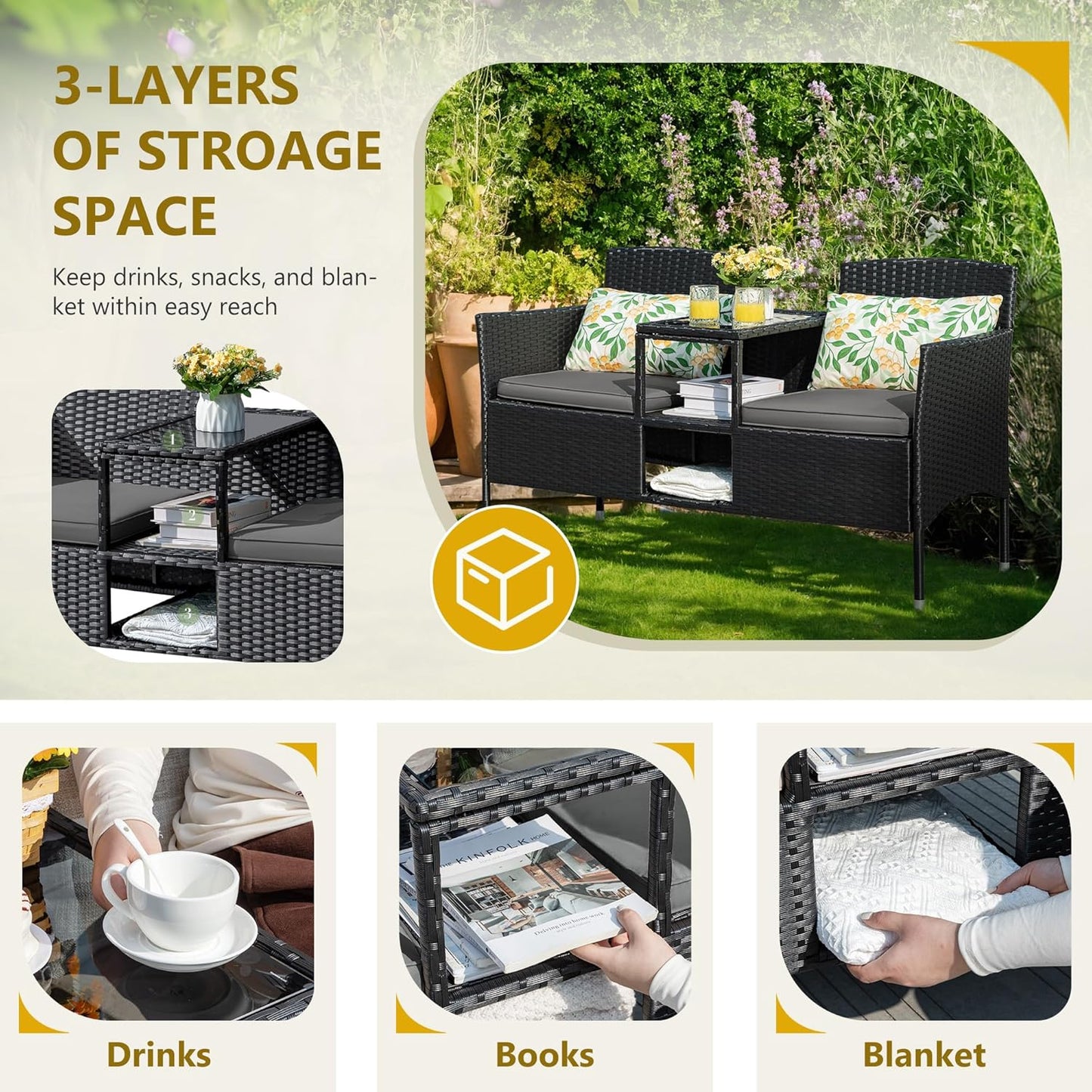 Flamaker Outdoor Furniture Patio Loveseat Wicker 2-Seat with Built-in Table and Cushions Rattan Porch Chairs Bench for Balcony, Lawn, Backyard (Grey)
