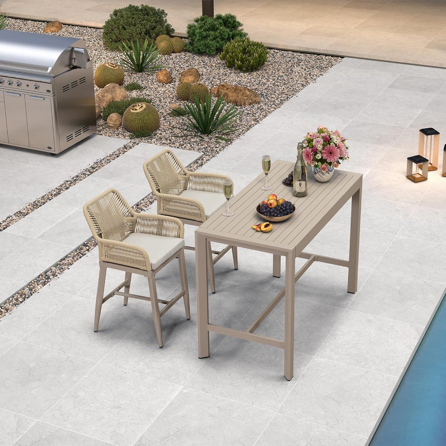 PURPLE LEAF 39.1'' Rectangle Outdoor Patio Counter Height Dining Table, Durable Aluminum Bar Height Pub Table for Counter Bar Stool, Water-Proof Tall Dining Table with Sturdy Legs, Champagne