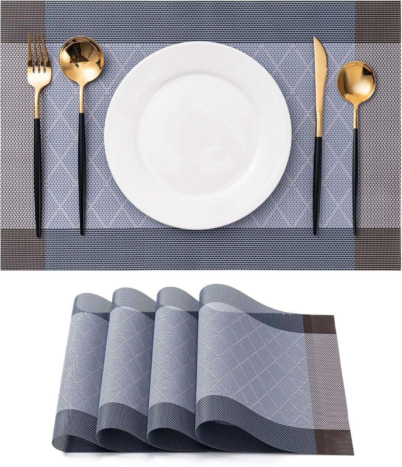 CADONO Placemats Set of 4 Washable Indoor/Outdoor Vinyl Place Mats for Dining Table Durable Non-Slip Heat Resistant PVC Weave Table Mats(Rhombus-Blue)