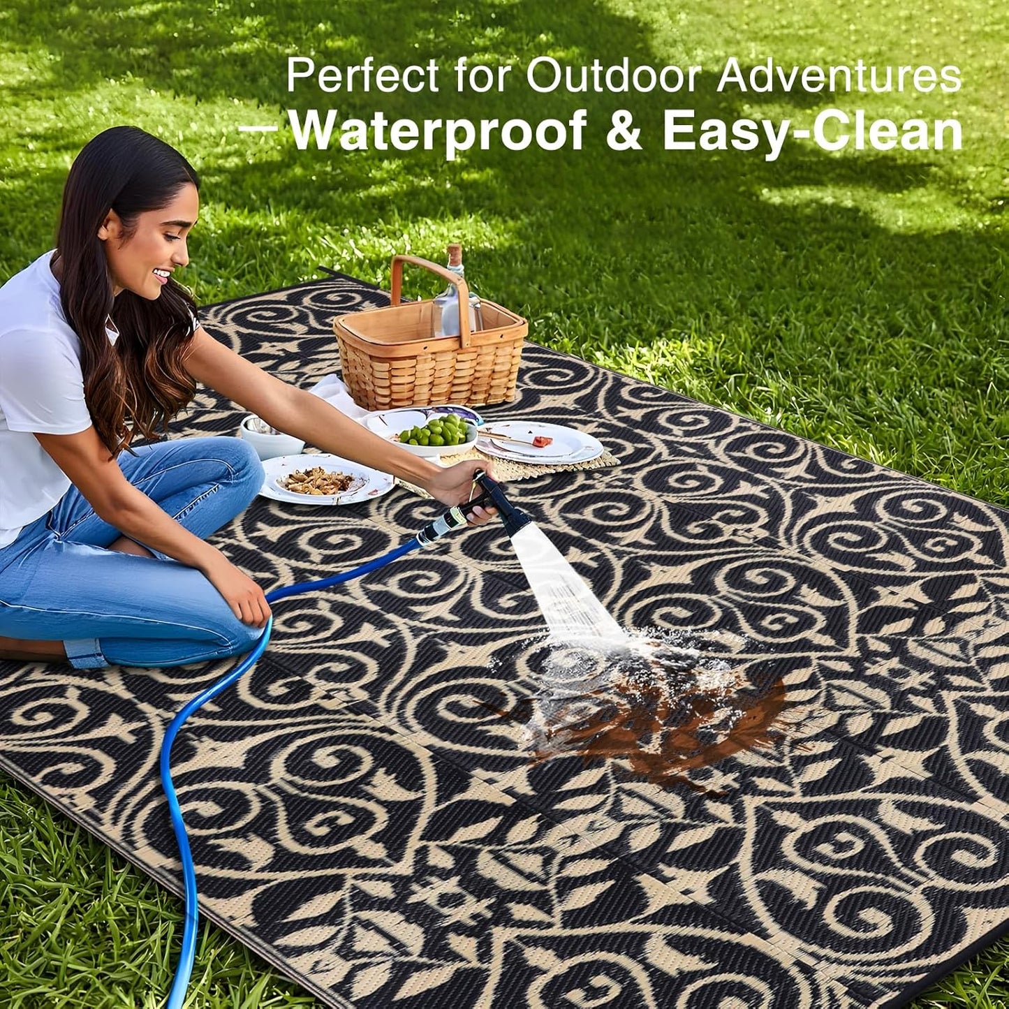 OLANLY Outdoor Rug Waterproof 8x10 ft Clearance, Reversible Outdoor Plastic Straw Rug with Floral Pattern, RV Mat for Patio, Camping, Balcony, Deck, Backyard, Black & Beige