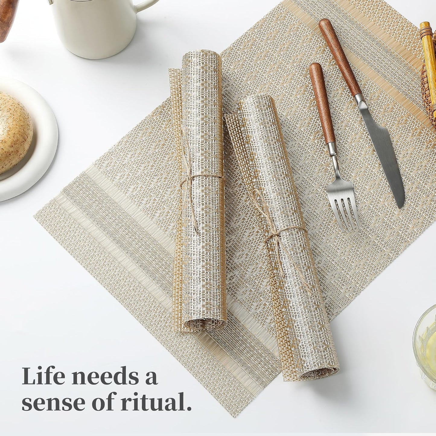 Leetaltree Stardust Yellow Placemats Set of 8 - Heat Resistant Non-Slip Place mats for Dining Table, Washable Durable PVC Vinyl Woven Table Mats(Stardust Yellow, 8)