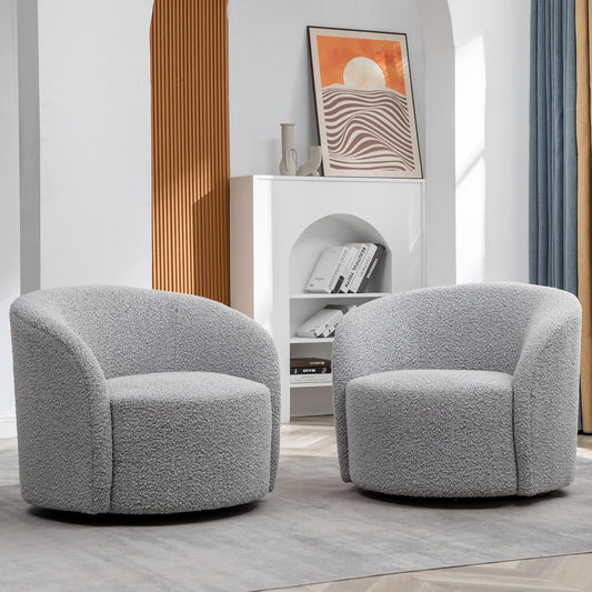 KINWELL 34" W Swivel Barrel Chair Set of 2, Mid Century Modern Round Upholstered Boucle Swivel Accent Chairs, No Assembly Sofa Chair for Living Room Bedroom Reading, Black White