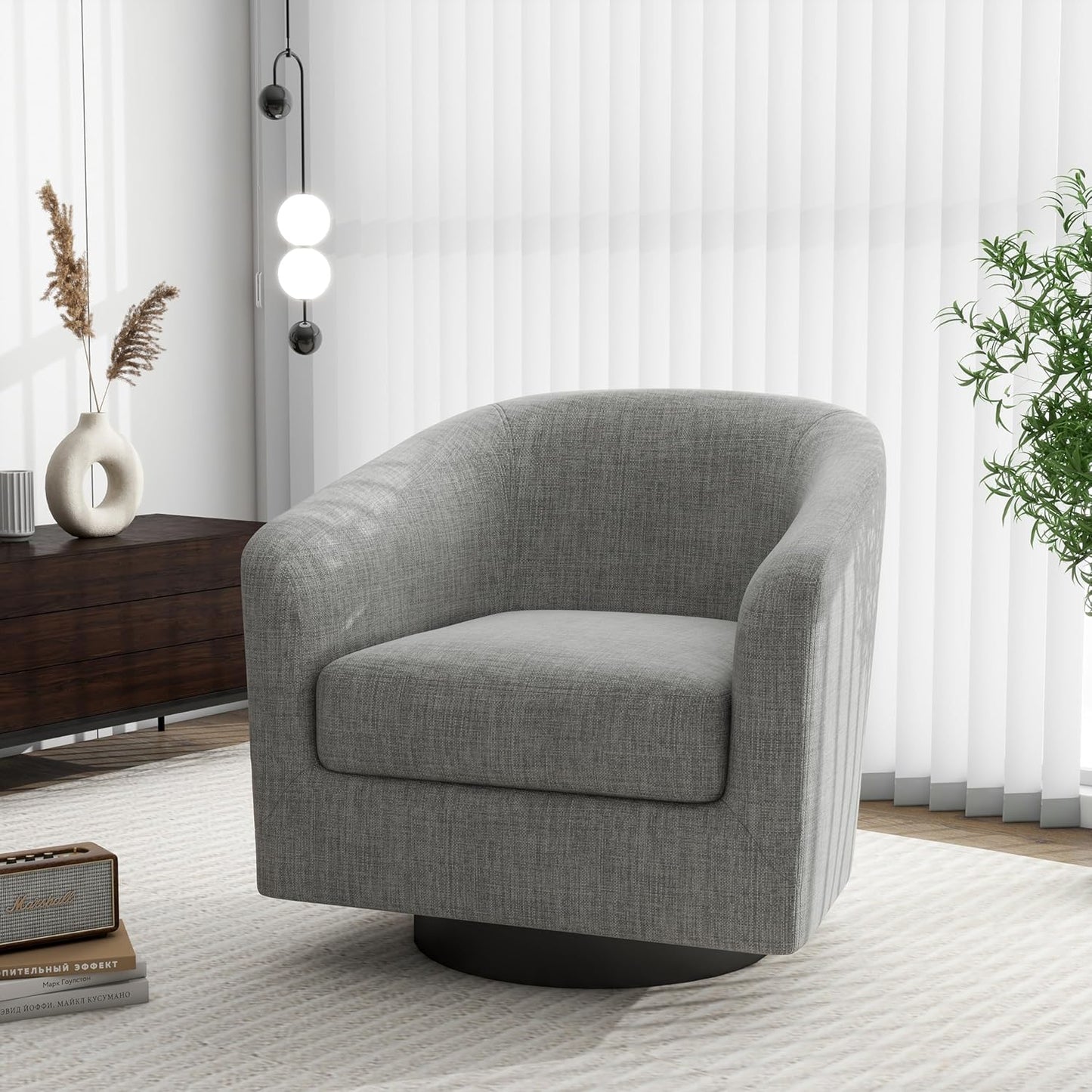 Swivel Barrel Accent Chair, Modern Round Linen Arm Chair for Living Room, Bedroom, Comfy Club Reading Chairs for Adults(Linen Fabric, Light Grey, Set of 1
