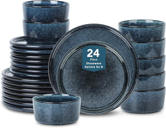 Stone Lain Eden 24-Piece Dinnerware Set Stoneware, Plates and Bowls Set, Dishwasher and Microwave Safe Dish, Dish Set for 8, Dark Blue