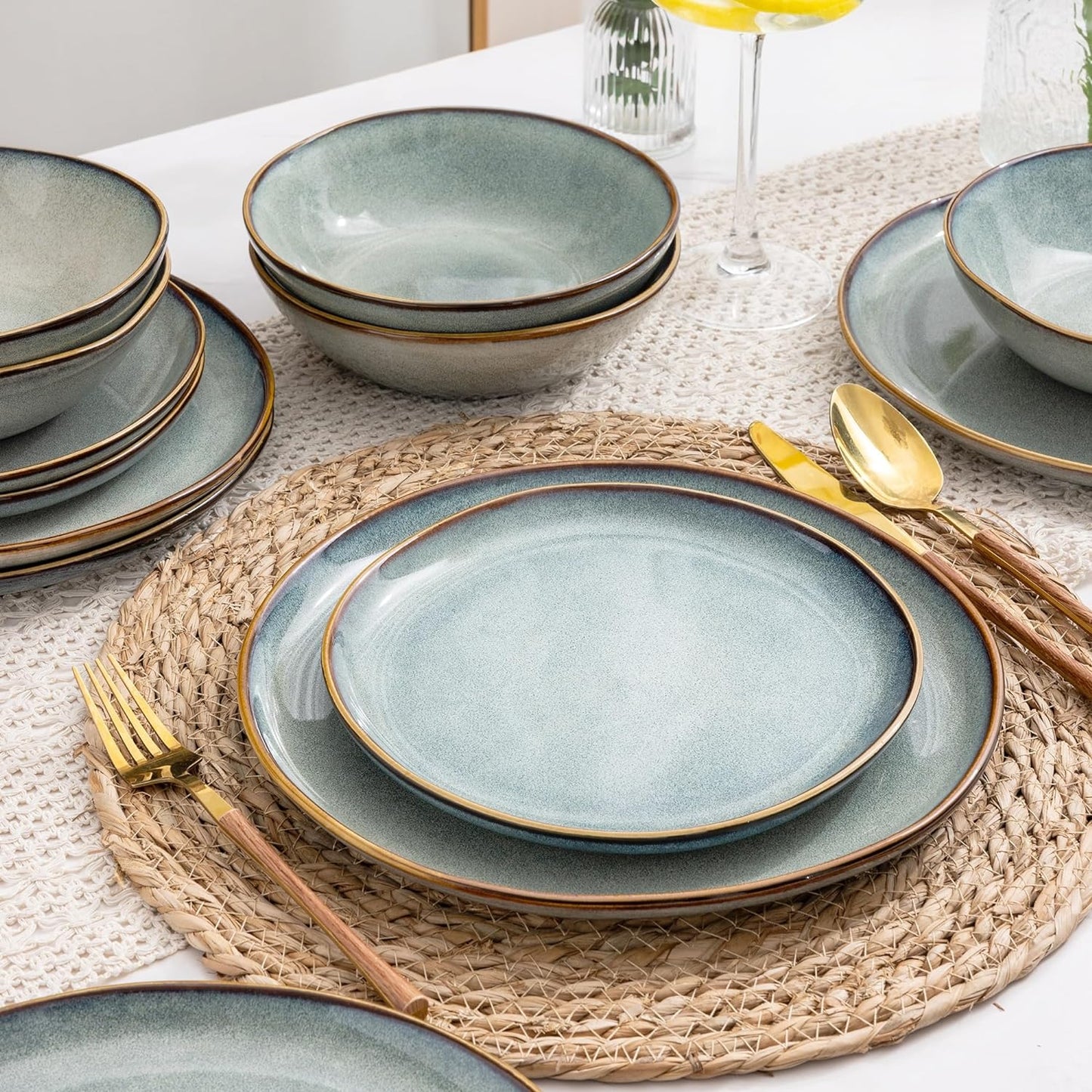 AmorArc Ceramic Dinnerware Sets,Handmade Reactive Glaze Stoneware Plates and Bowls Sets,Highly Scratch Resistant | Dishwasher & Microwave Safe Dishes Set,Service for 6 (18pc)