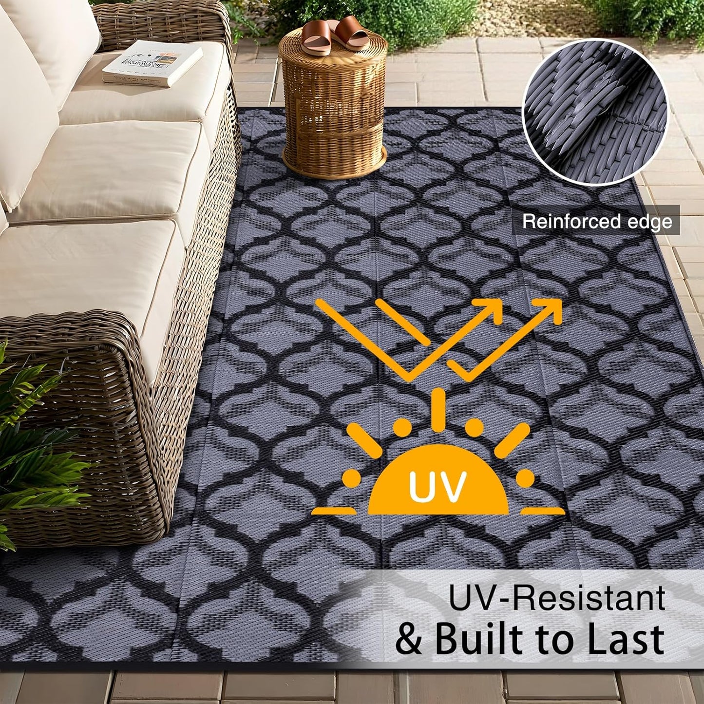 OLANLY Reversible Outdoor Rug 9x12 ft Clearance, Waterproof Outdoor Plastic Straw Rug with Interlacing Pattern, RV Mat for Patio, Camping, Balcony, Deck, Backyard, Black & Grey