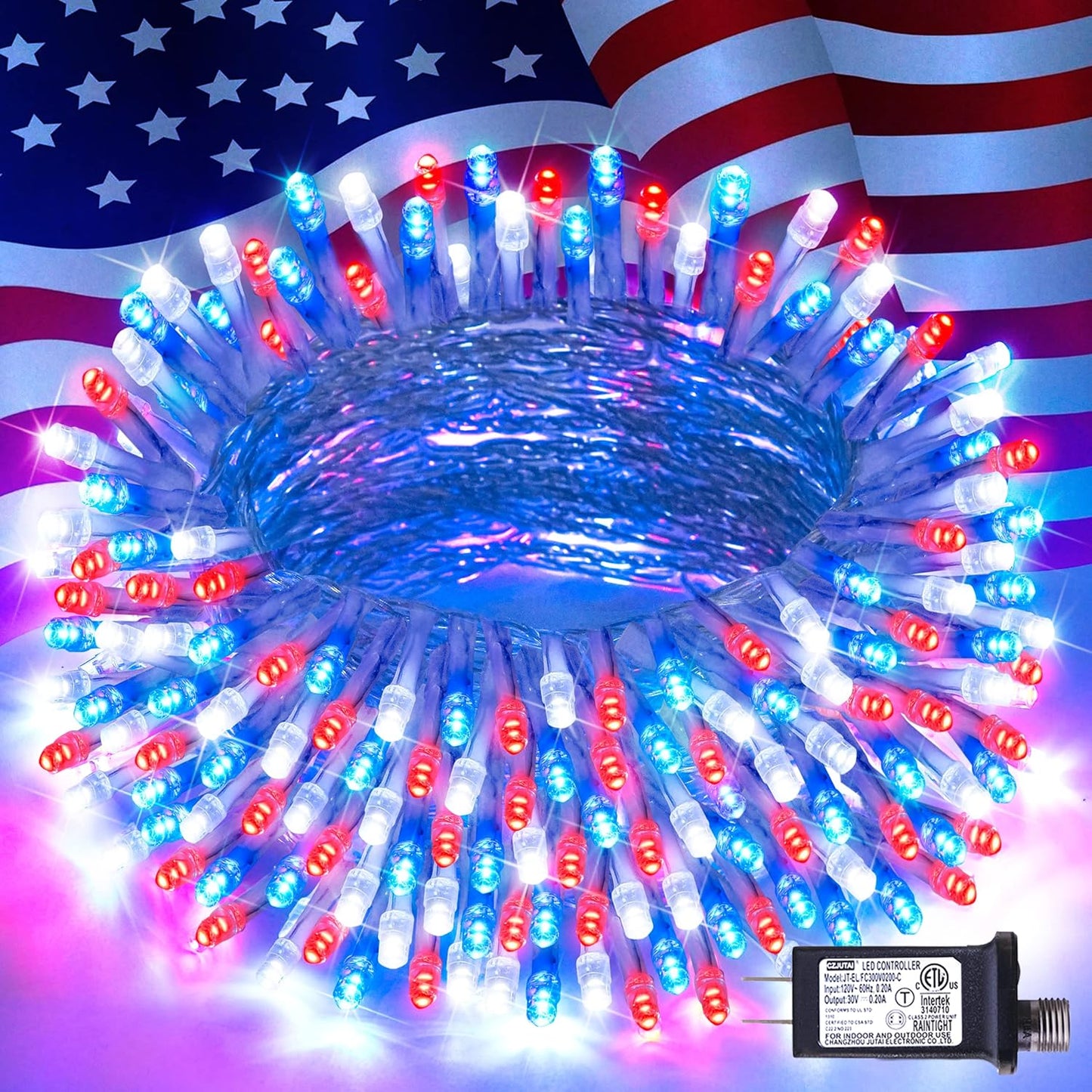 JMEXSUSS 4th of July Decorations Red White and Blue Lights, 33ft 100 LED String Light Indoor Plug-in, 8 Modes Patriotic 4th of July Lights for Indoor Outdoor Independence Day American Flag Holiday