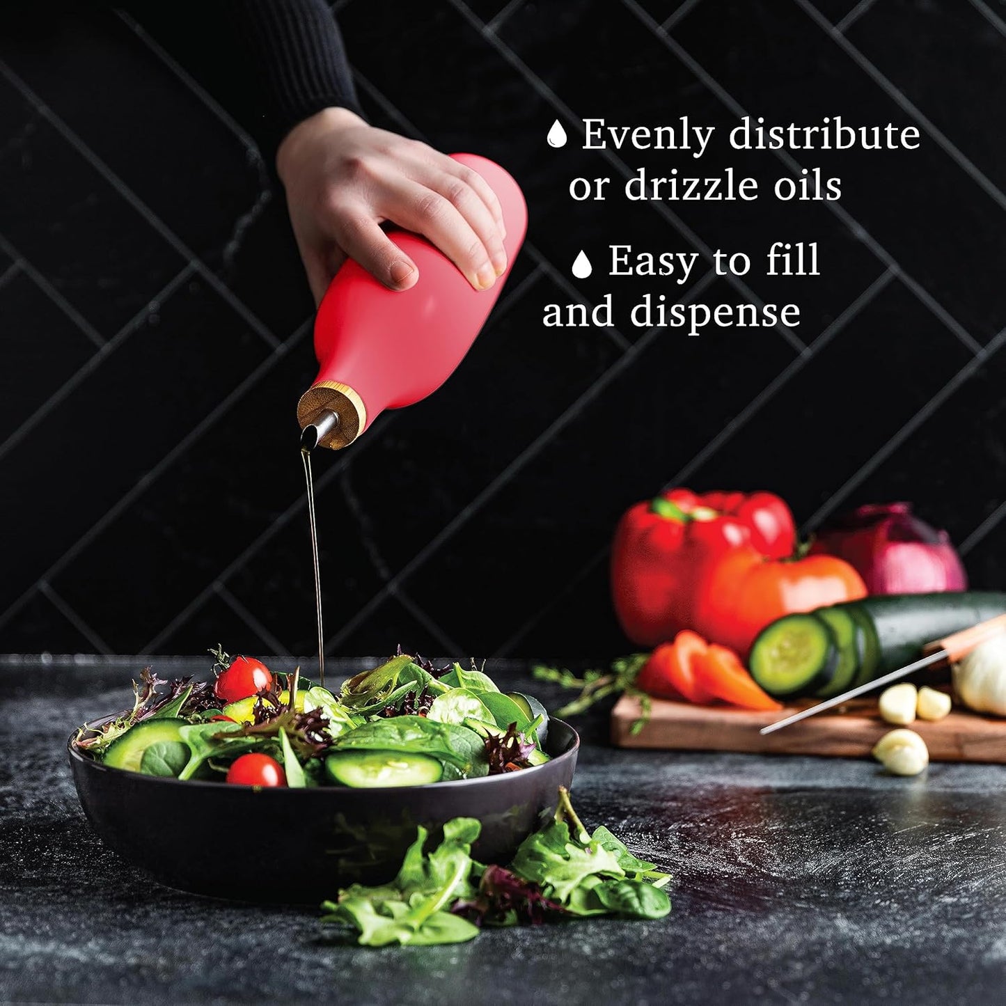 kitchentoolz Olive Oil Stoneware Dispenser Bottle, Ceramic 16 Oz Container for EVOO or Vinegar Kitchen Counter, Red