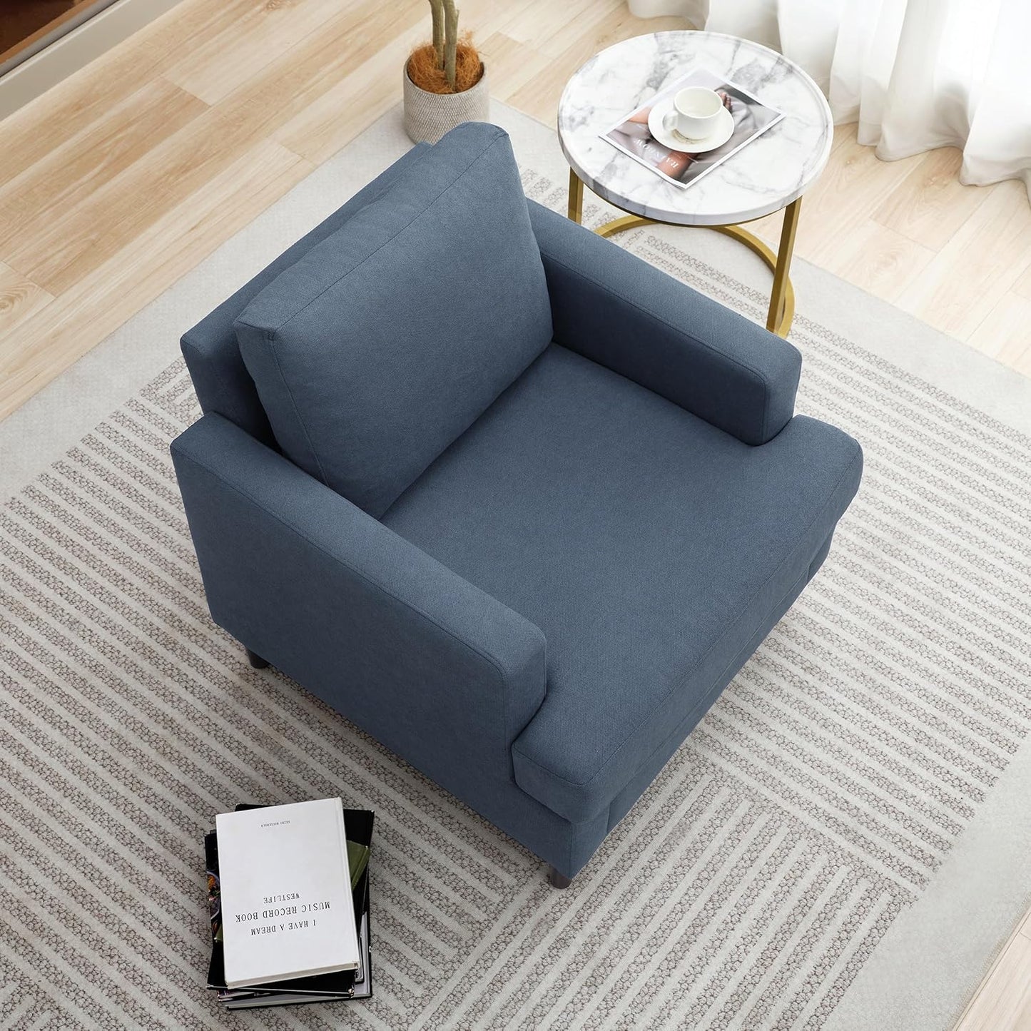 Mid-Century Accent Chair,Modern Linen Fabric Armchair for Living Room,Comfy Upholstered Reading Accent Chairs for Bedroom,Single Sofa Chair with Wood Legs (Blue Grey, 1 Pack)