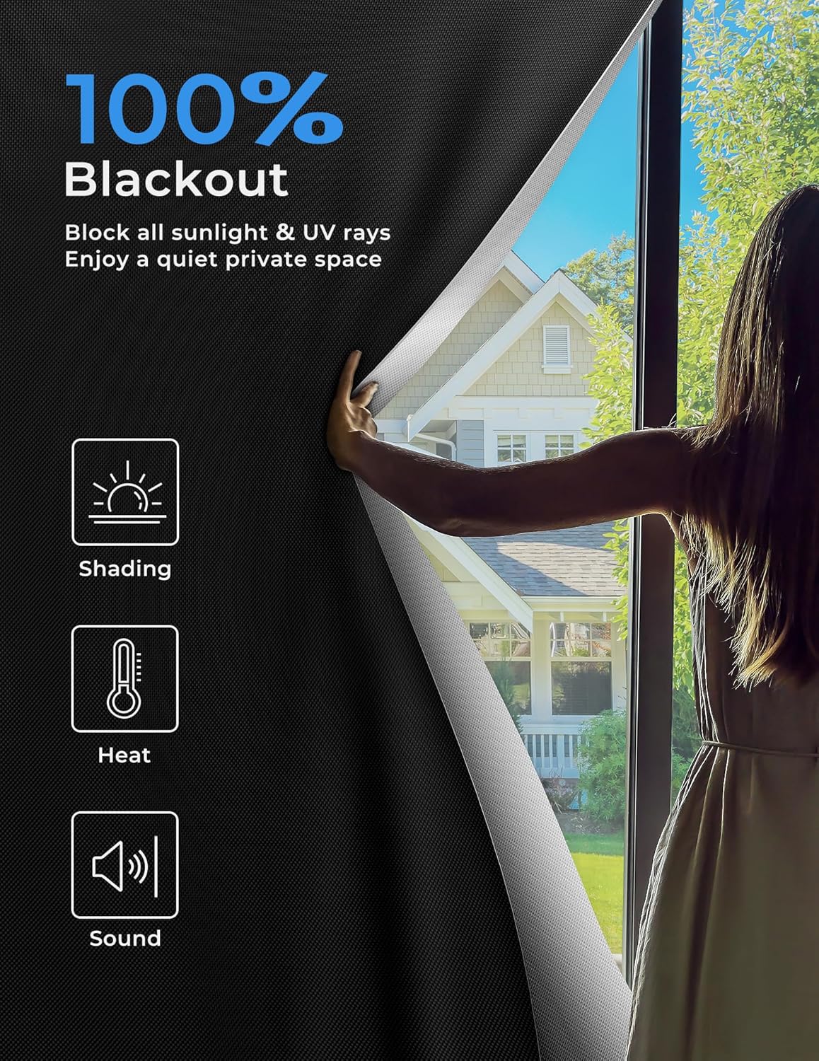 Sumobaby Blackout Curtains for Bedroom 108"x70"Portable Black Out Window Cover with Heat-Resistant Hook&Loop Tape,100% Blackout Shades No Drill Blinds for Windows DIY Cut Fit for Nursery,TV Room,Black