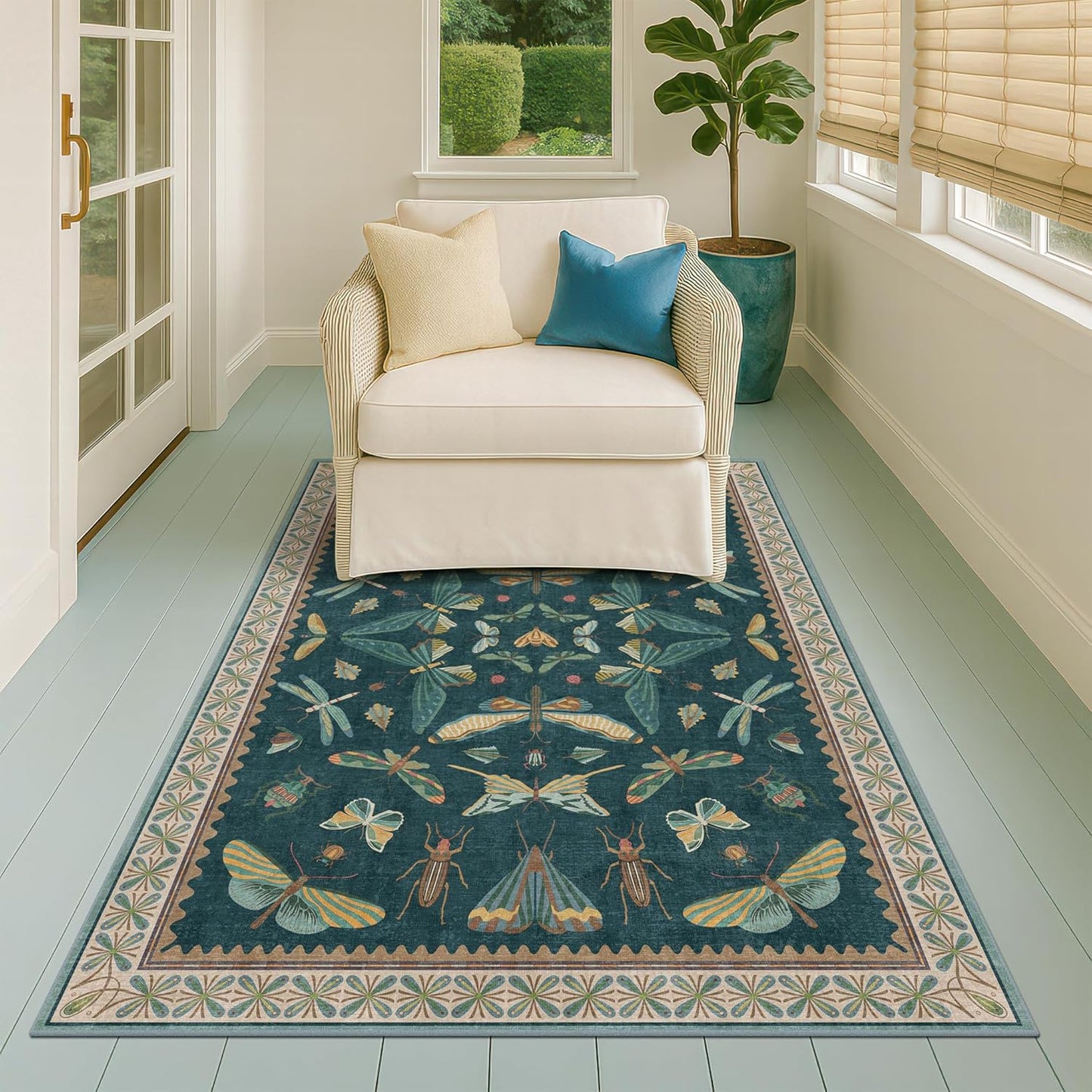 Dark Teal 4x6 Area Rugs for Door Mat Entrance - Vintage Floor Rug for Entryway, Mudroom Kitchen, Floral Forest Insect Print, Washable Low Pile Non-Slip Stain Resistant