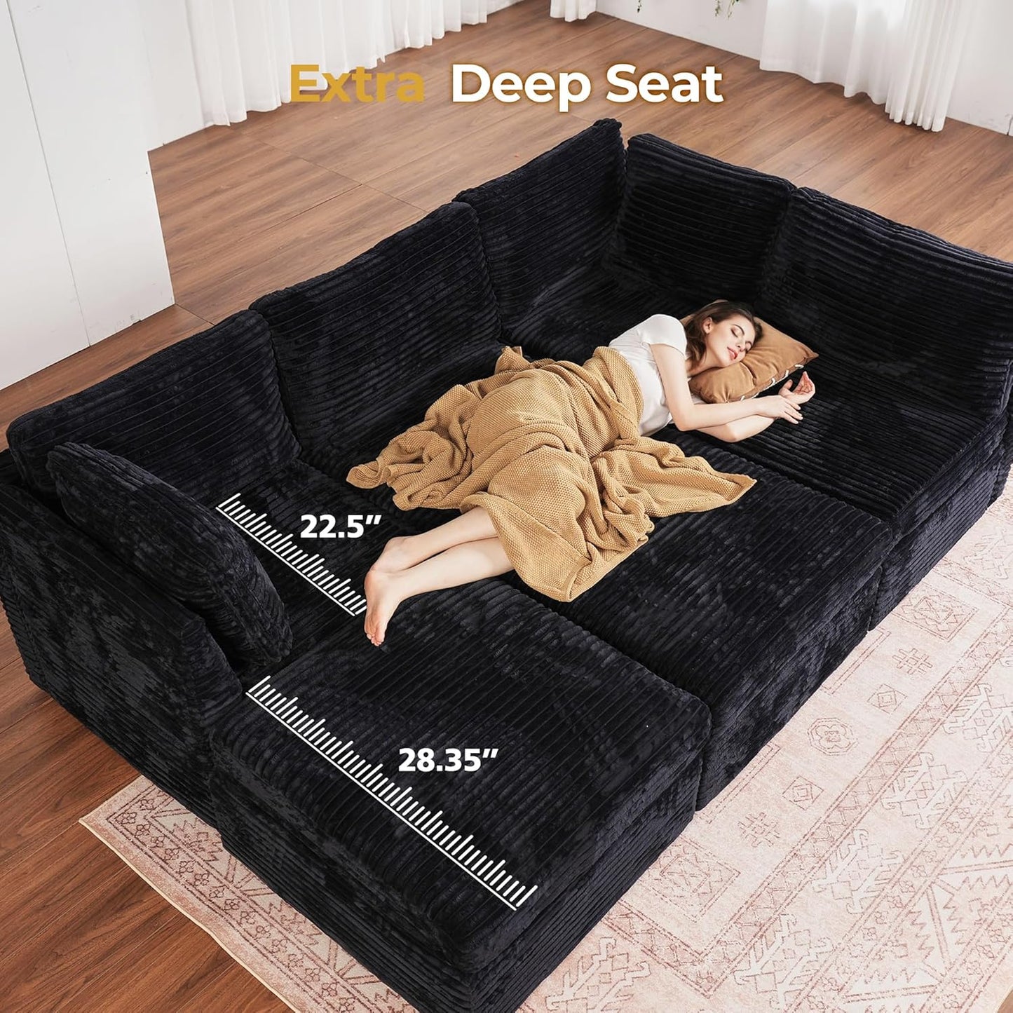 HOOOWOOO Modular Sectional Sofa,5 Pieces Sectional Couches for Living Room,98X55 L Shaped Cloud Couch with Ottoman Chaise Set(Black Velvet Corduroy)