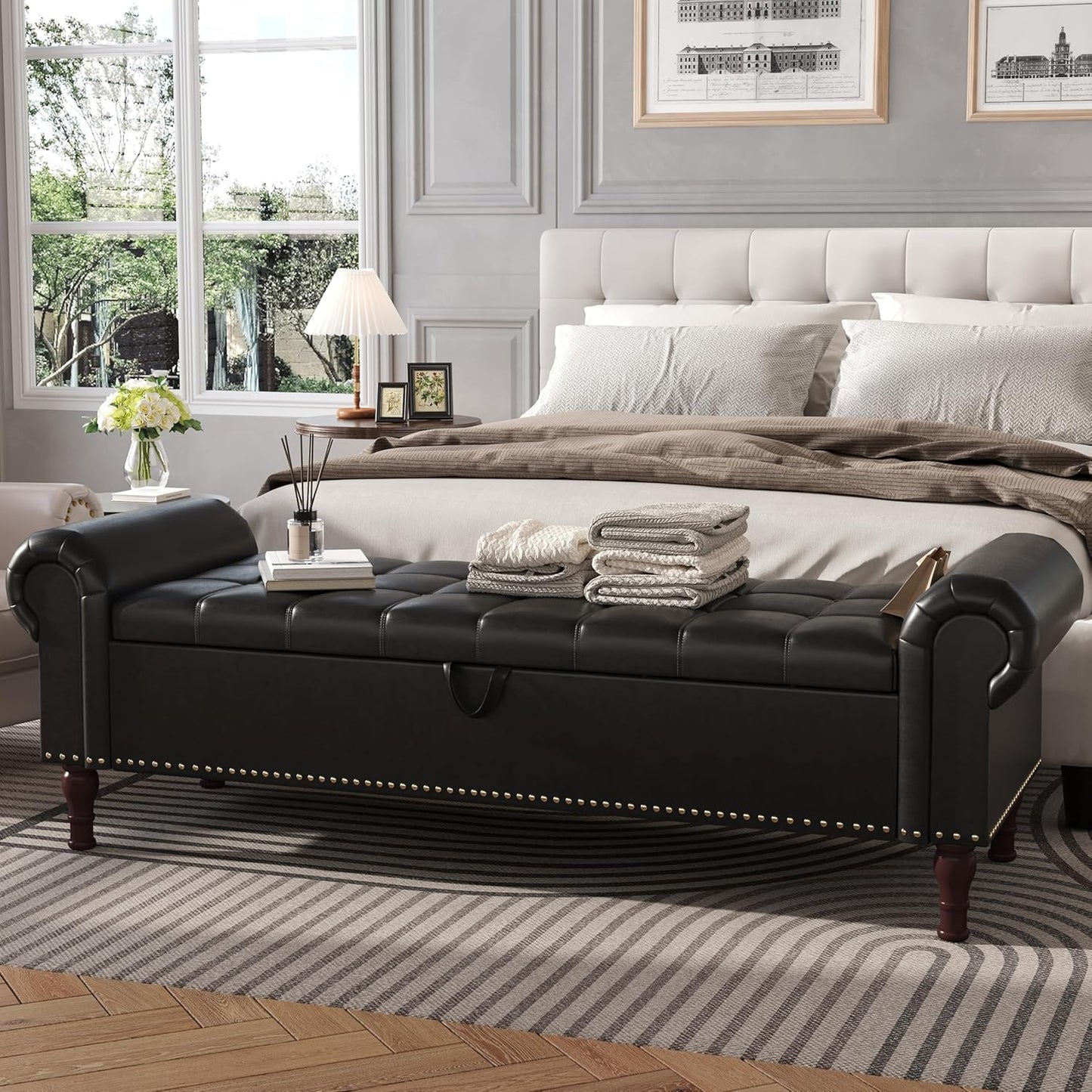 Apicizon 60”Storage Benches, Queen Size Faux Leather Bed Bench with Tufted Button, Upholstered Bench with Rolled Arm and Vintage Rivets for Foot of Bed, Living Room, Entrance,Black