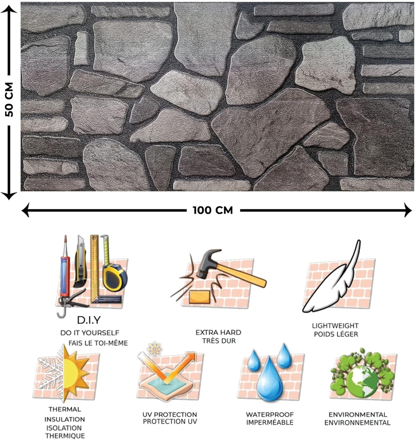Dundee Deco 3D Wall Panels - Cladding Grey Charcoal Ash Stone Look Wall Paneling, Styrofoam Facing for Interior and Exterior Applications, DIY, Sample, Size 10 x 10 in.