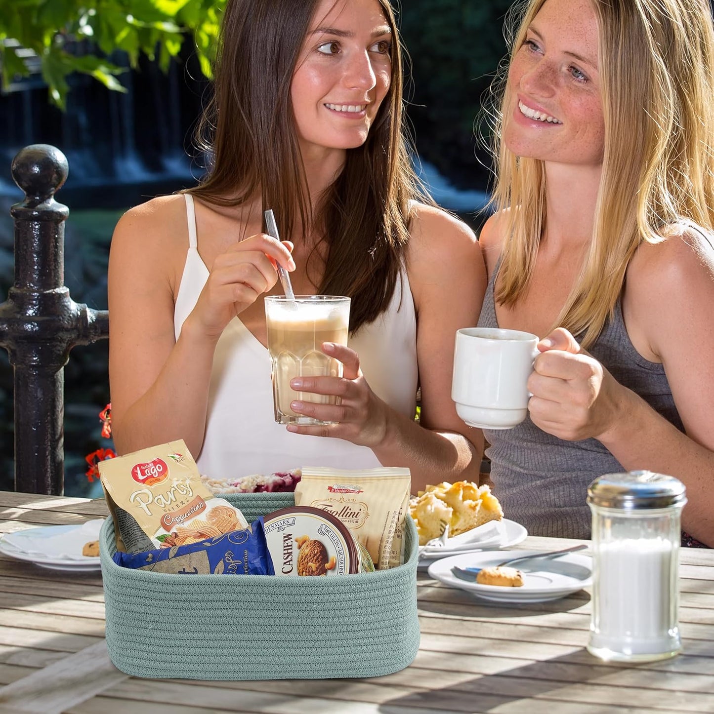 Small Woven Storage Baskets 13“X9”X5“ Decorative Rope Bins for Organizing Shelves, Closets, and Toys, Empty Gift Baskets, Cute Organizer Basket for Home and Office (green, Large)