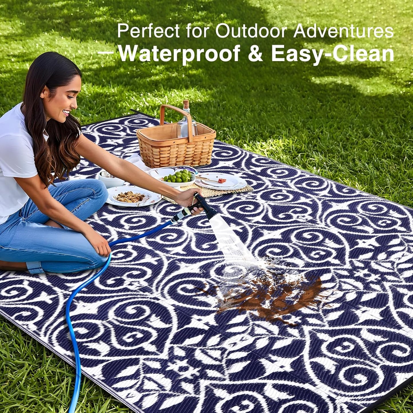 OLANLY Outdoor Rug Waterproof 8x10 ft Clearance, Reversible Outdoor Plastic Straw Rug with Floral Pattern, RV Mat for Patio, Camping, Balcony, Deck, Backyard, Navy & White