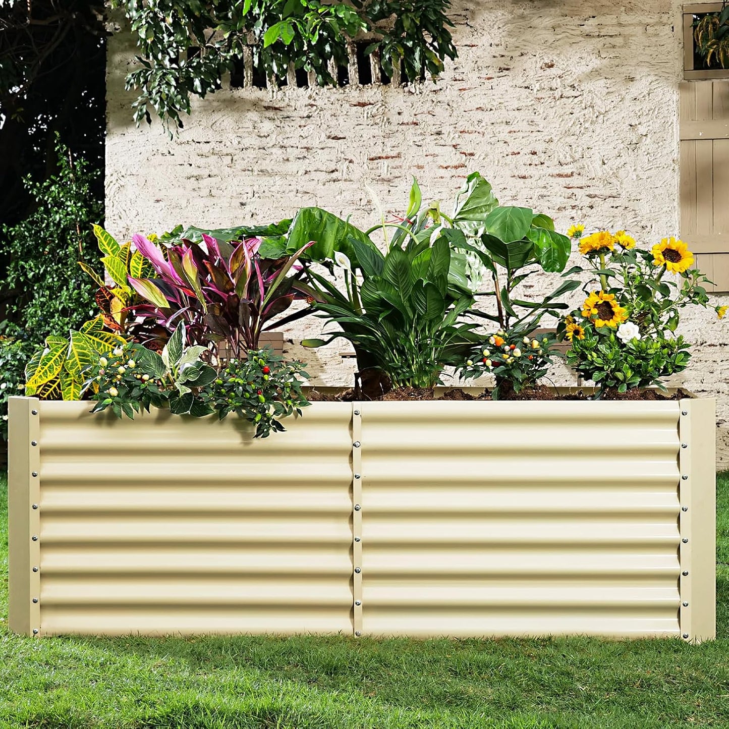 Land Guard 6x3x2ft Galvanized Raised Garden Bed, Planter Boxes Outdoor, Raised Garden Beds Outdoor for Vegetables, Flowers, Herbs, 269 Gallons, Cream Yellow…