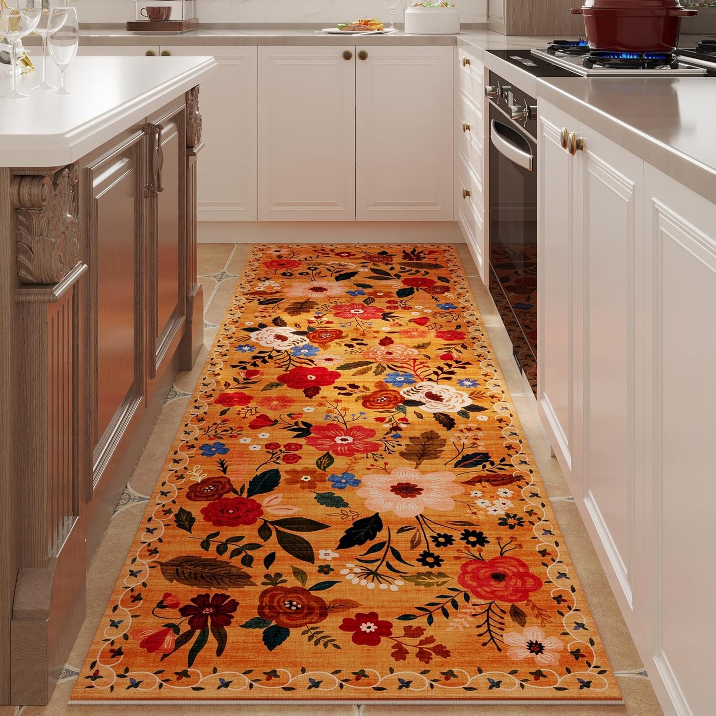 Runner Rug for Hallways Kitchen Rug Non Slip 2'6''x8' Washable Runner Rugs with Rubber Backing Soft Floral Carpet Runner for Hallways, Kitchen, Laundry, Bedroom, Bathroom(Yellow)