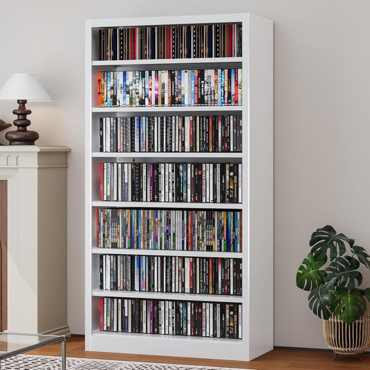 Metal DVD Storage Cabinets White, 7-Tier CD Storage Rack with Adjustable Shelves for CD Holder, Books, Games, Book Shelf for Living Room & Home Office