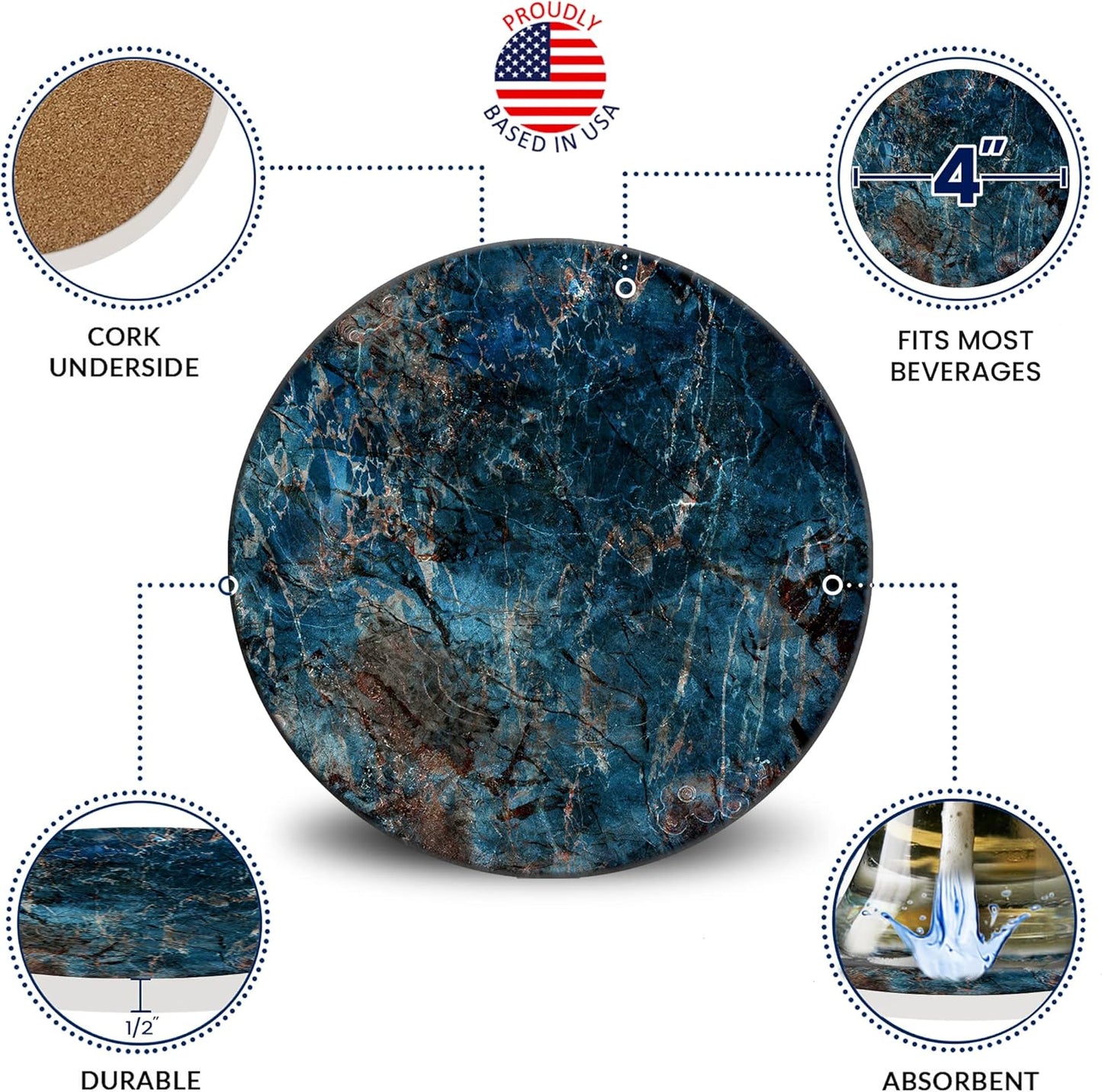 Emerson Coasters for Drinks Absorbent – Natural Stone Drink Coasters Set with Holder, Coasters for Coffee Table, Wooden Tabletop Protection Marble Style – 100% Heavy Duty Set of 6 (Deep Ocean)