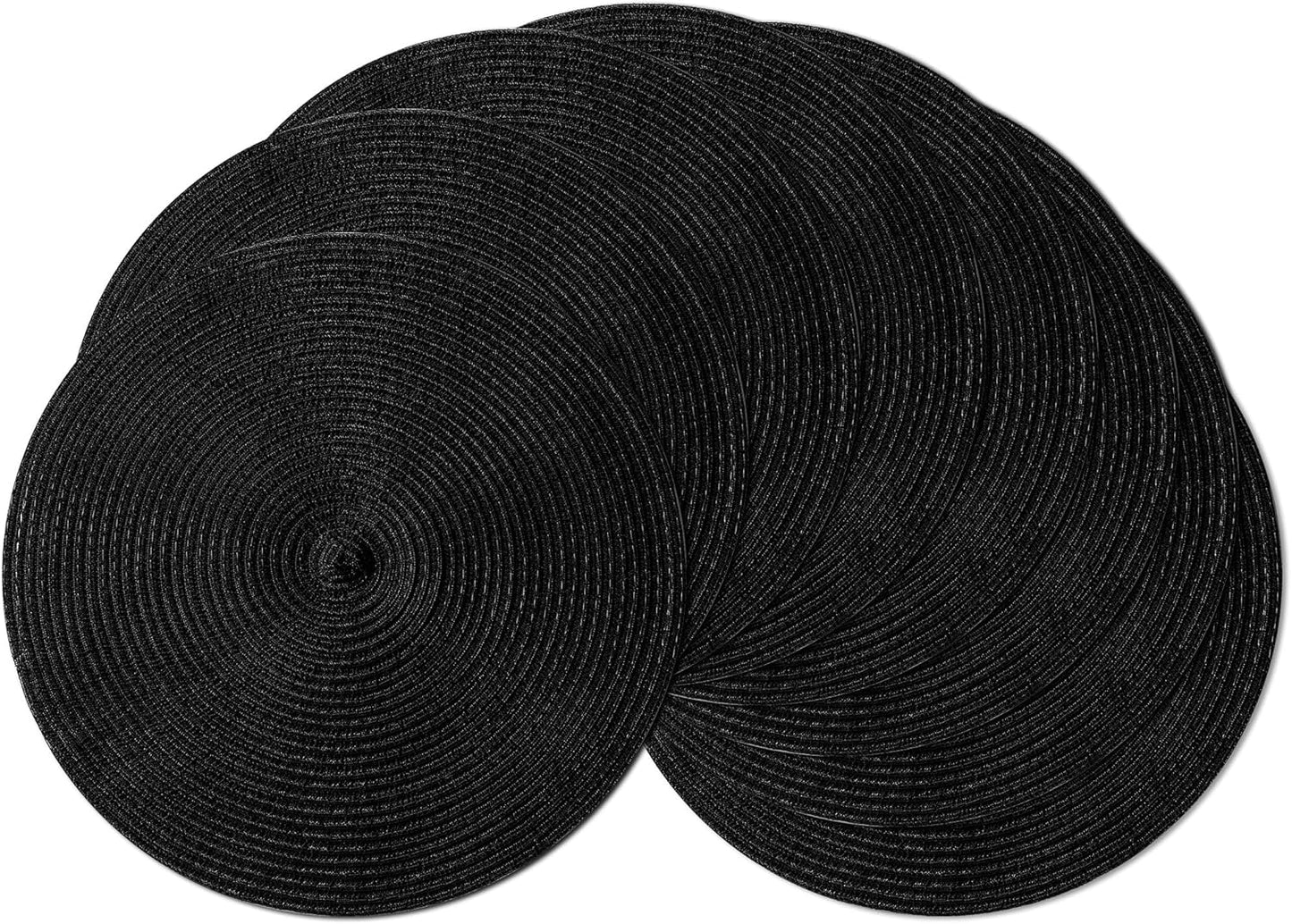 Leetaltree Round Placemats Heat and Slip Resistant Cotton Table Mats, Washable Bohemian Placemats for Dining Tables (Black, Set of 8)