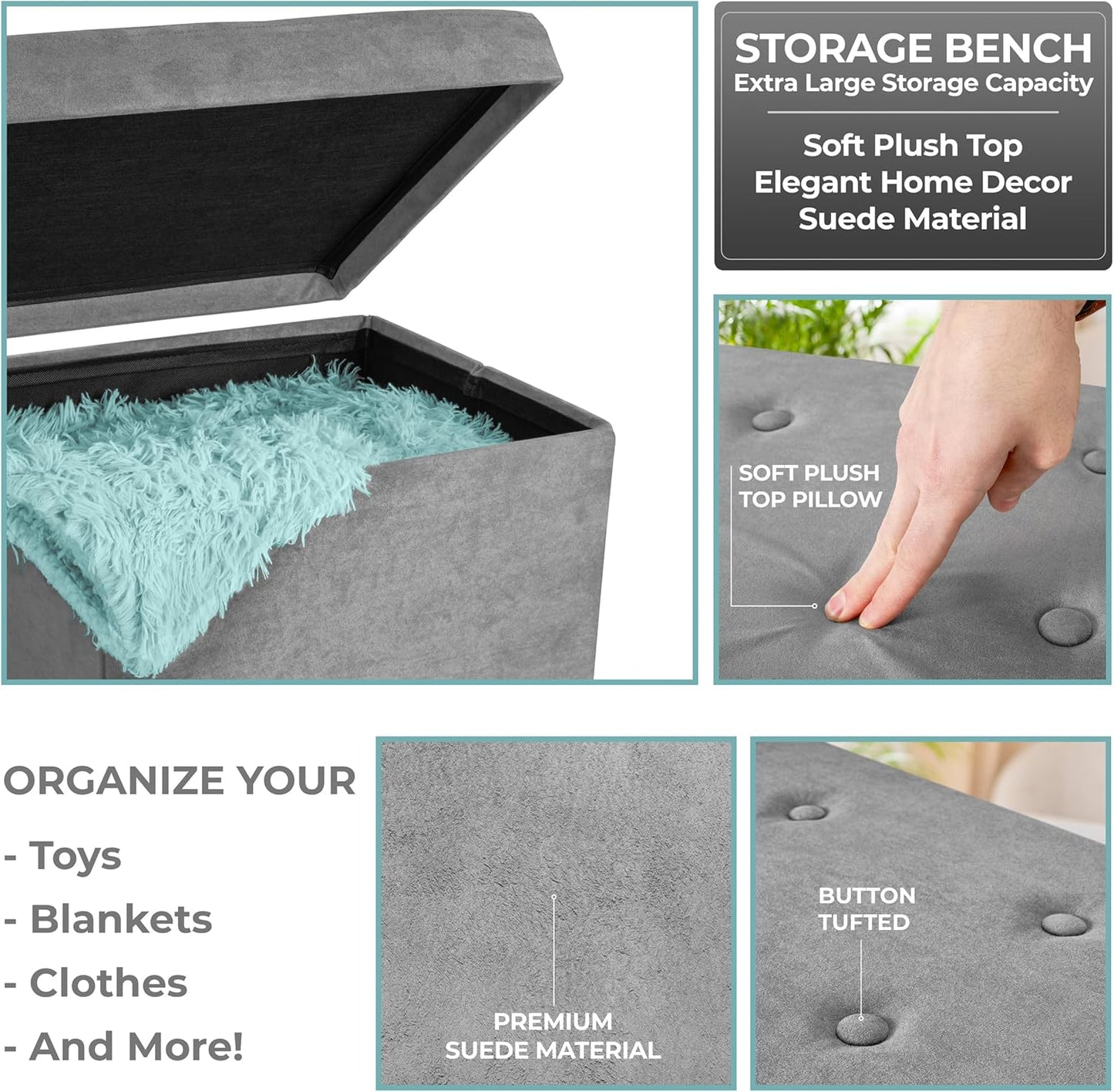 Sorbus Storage Ottoman Bench – Collapsible/Folding Bench Chest with Cover – Perfect Toy and Shoe Chest, Hope Chest, Pouffe Ottoman, Seat, Foot Rest, – Contemporary Faux Suede (Gray)