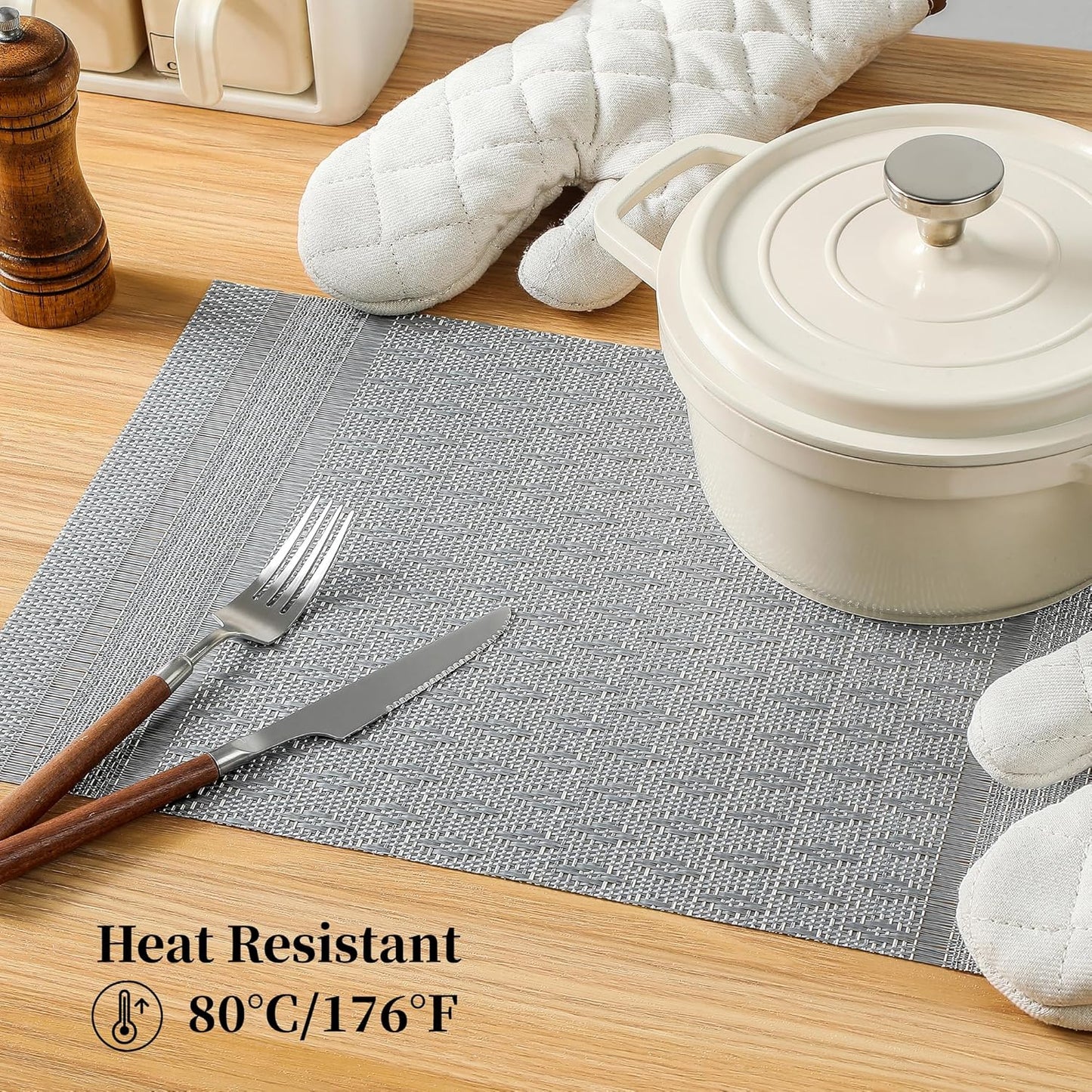 Leetaltree Lunar Grey Placemats Set of 4 - Heat Resistant Non-Slip Place mats for Dining Table, Washable Durable PVC Vinyl Woven Table Mats(Lunar Grey, 4)