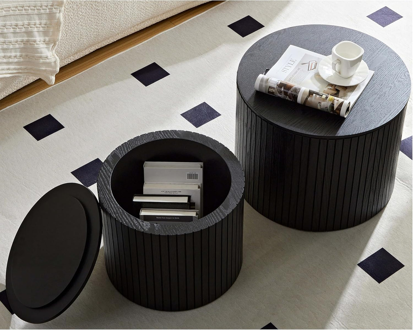 Round Nesting Coffee Table with Storage, 19.17" Modern Wooden Coffee Tables Set of 2, Circle Side Table for Small Spaces,Accent End Table for Living Room, Apartment, Office, Dorm, Black