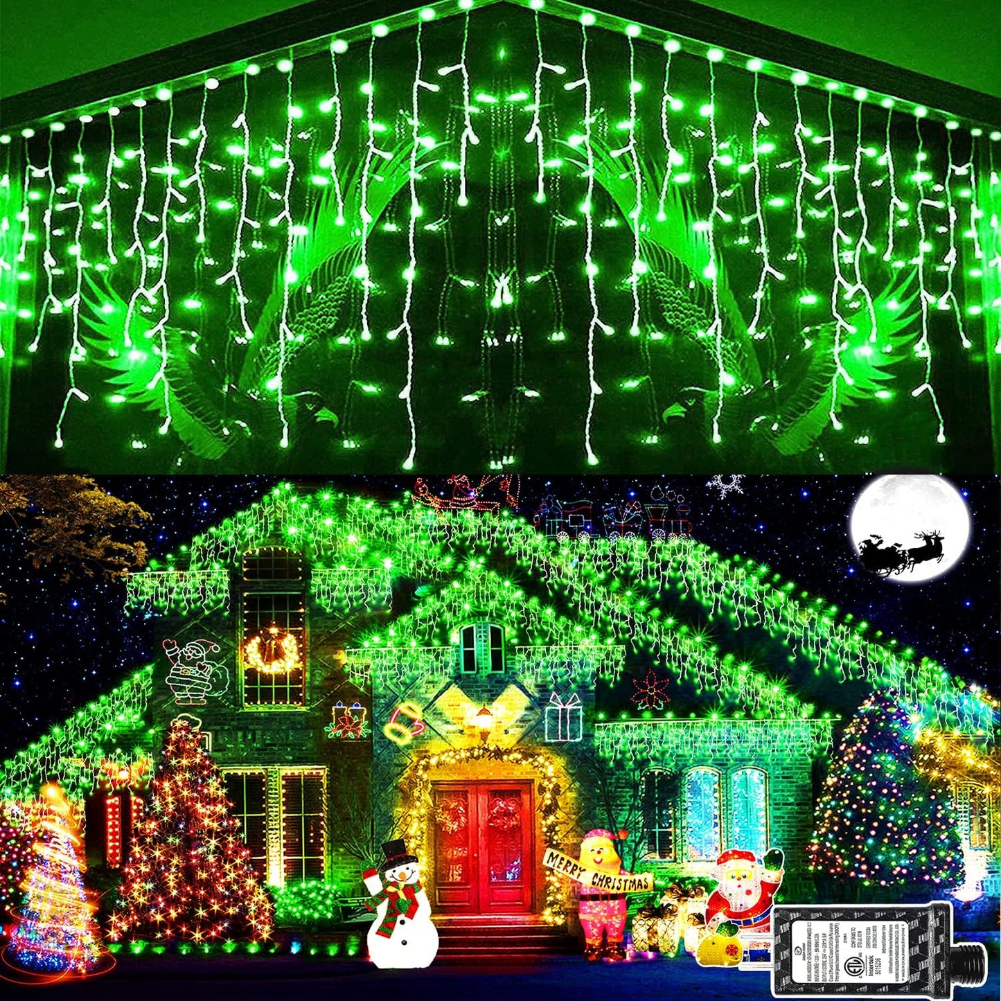 KNONEW 99ft 1216 LED Christmas Lights Outdoor Decorations with 228 Drops, 8 Modes Curtain Fairy Light, Clear Wire LED String Light Decor for Wedding Party Christmas (Green)