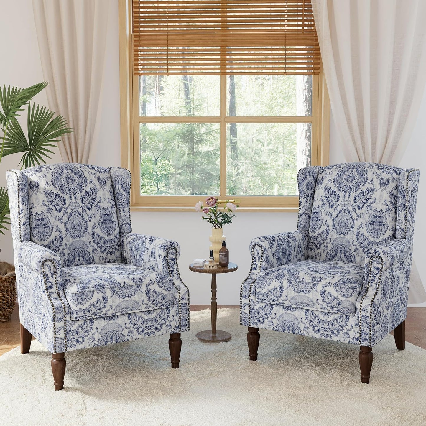 Lumibee High Back Accent Chair Set of 2, Armchair in Fabric,Comfy Upholstered Wingback Single Sofa Reading Chairs with Solid Wood Legs for Living Room,Bedroom,Office-Navy