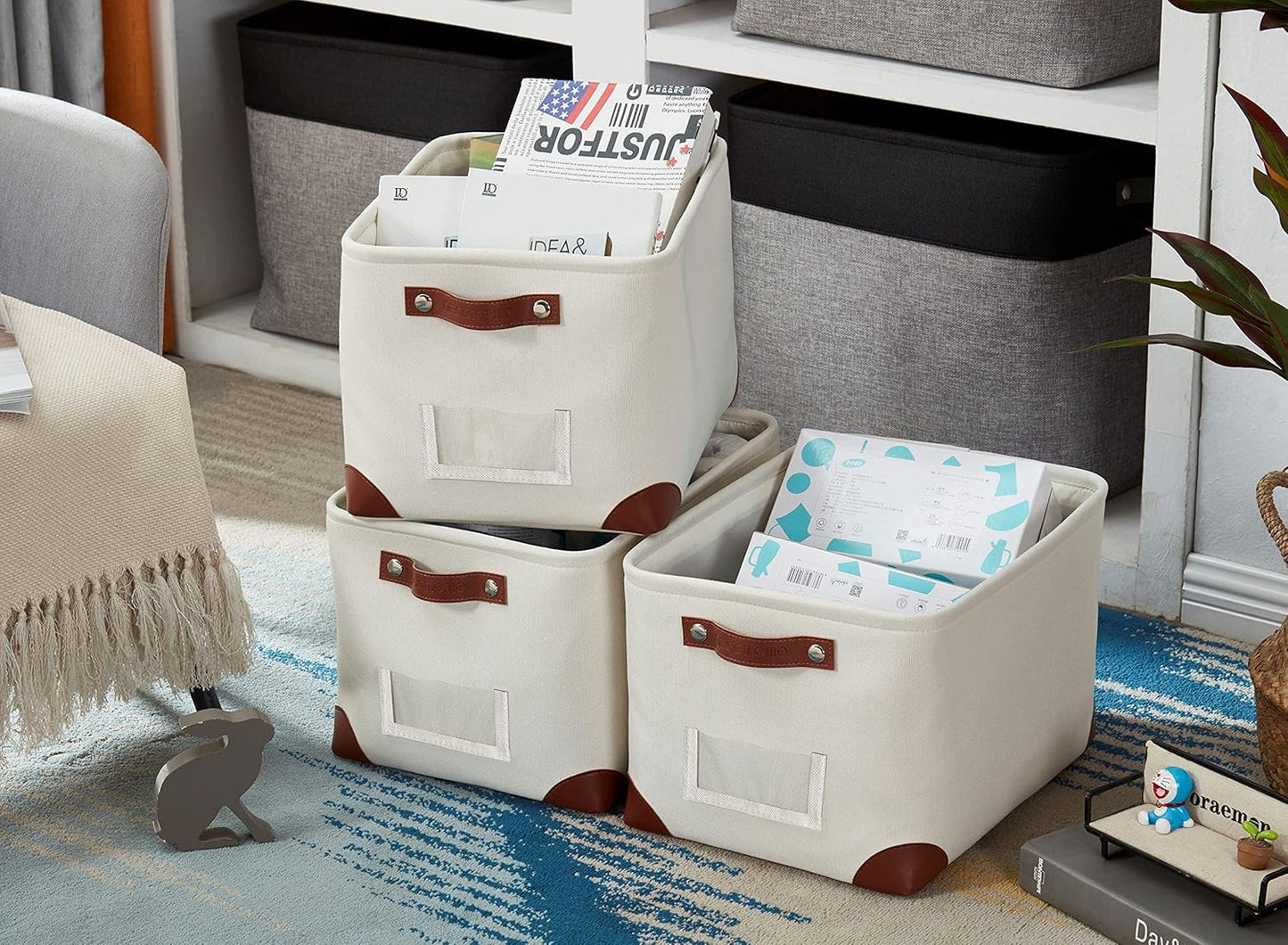 DECOMOMO White Storage Bins Fabric Storage Baskets for Shelves & Linen Closet Organization (Creamy White W/Label holder, Large - 3 Pack)