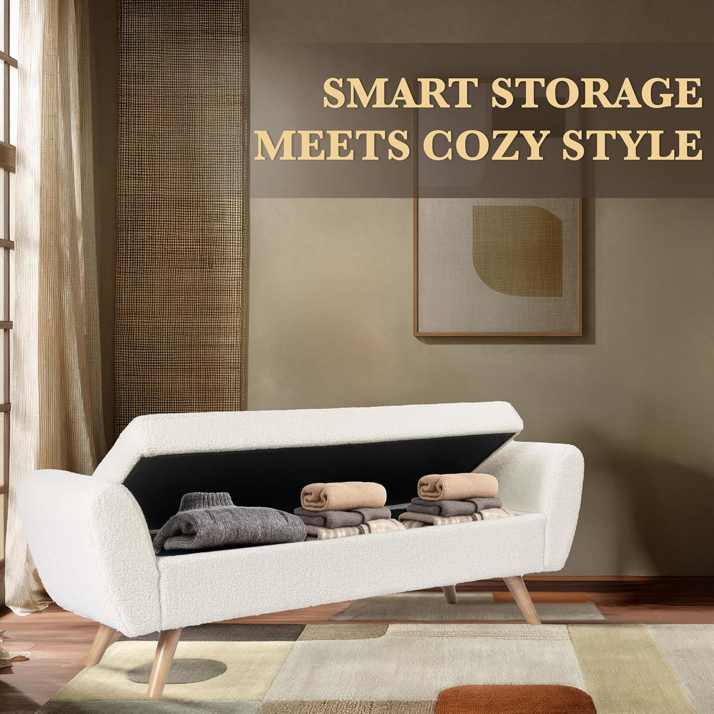 HomePop Modern Storage Bench with Wood Legs Home Décor|Bench with Storage for Living Room & Bedroom - Sherpa Cream