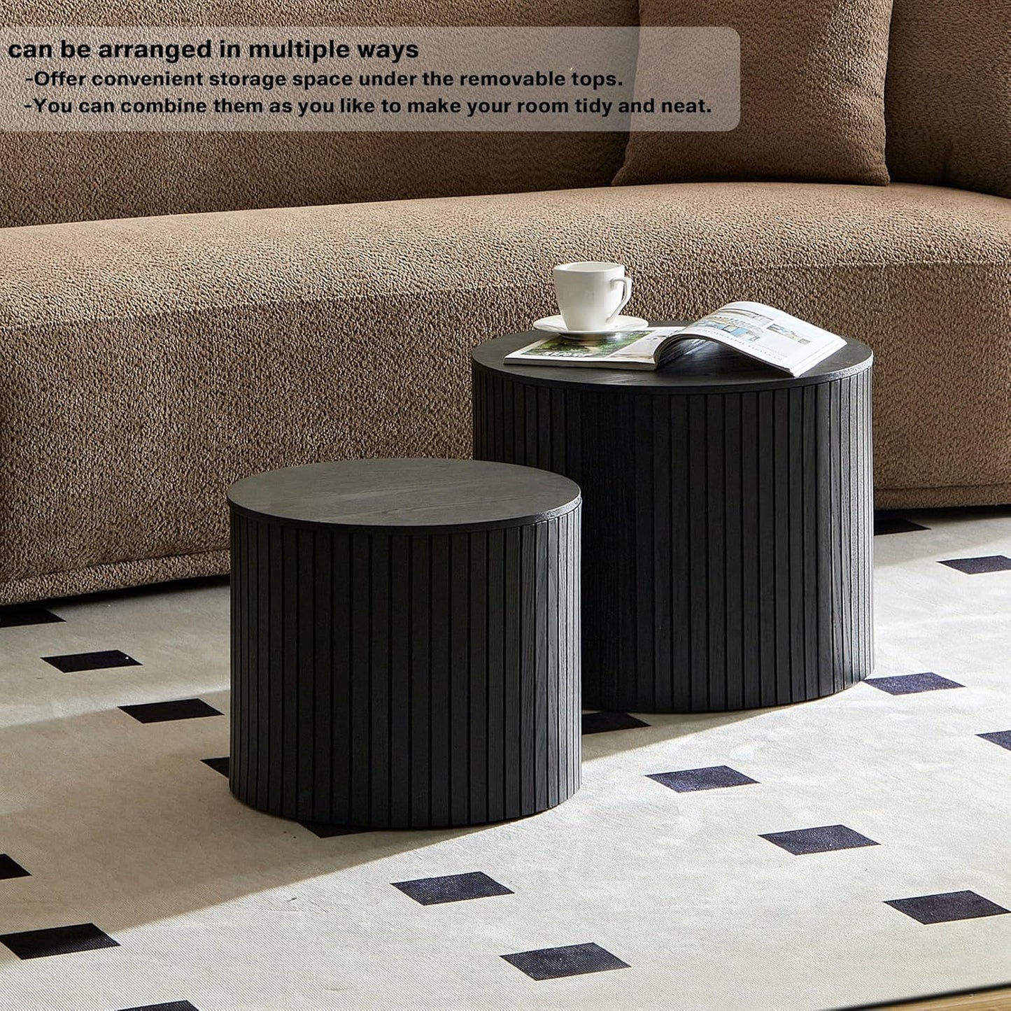 Nesting Coffee Tables Set of 2, Wooden Round Coffee Tables with Storage,Modern Circle Accent End Table Center Table for Small Spaces Living Room Bedroom Balcony Office Drum Side Table,Black